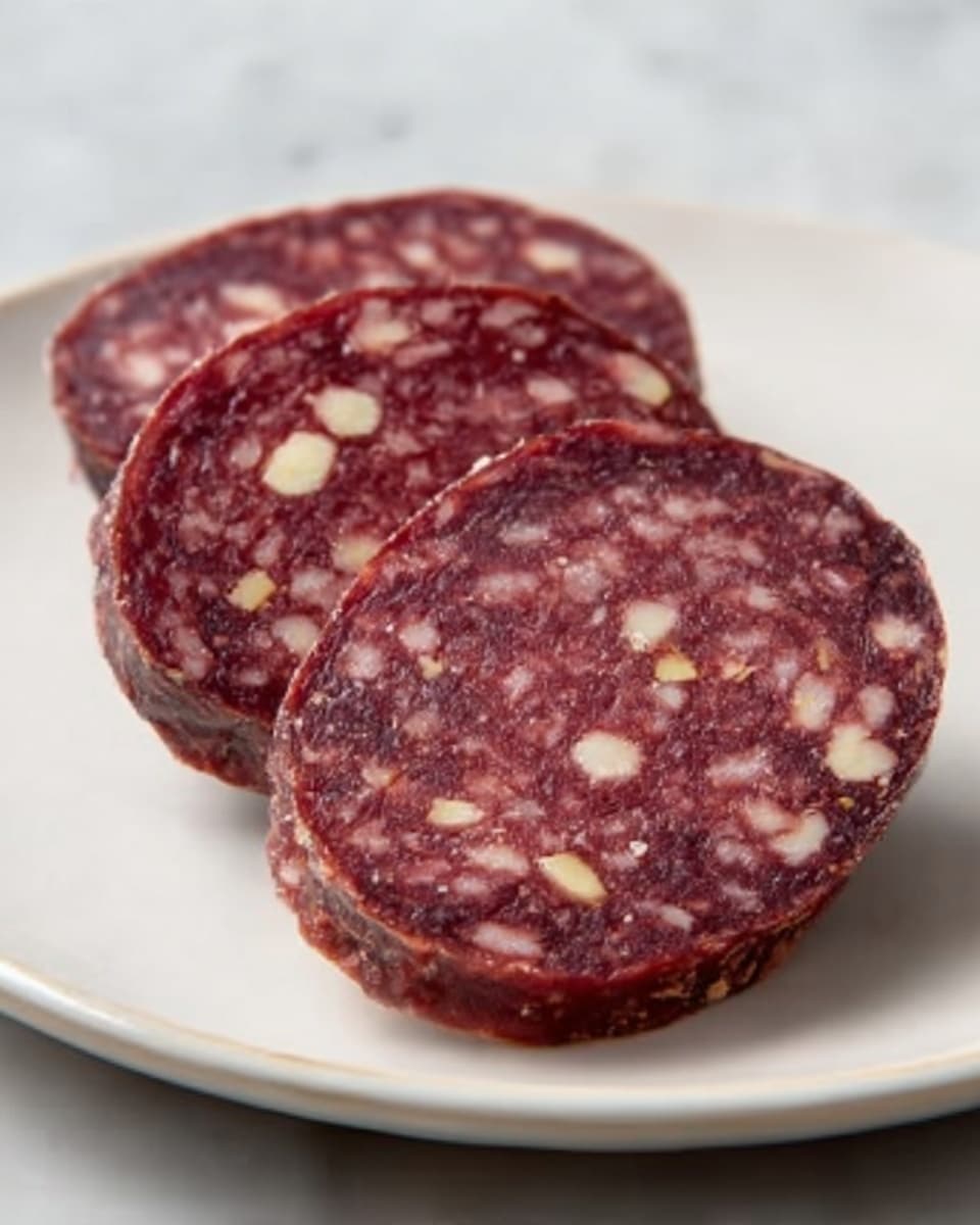 A close-up view of several round slices of vegan salami arranged in a small white bowl, each slice showing a rich red color with white specks of fat and textured bits inside, giving a realistic look of cured meat. Bright green fresh basil leaves rest next to the bowl, adding a fresh contrast of color. The background shows a smooth white marbled texture that makes the colors of the salami and basil stand out sharply. photo taken with an iphone --ar 4:5 --v 7