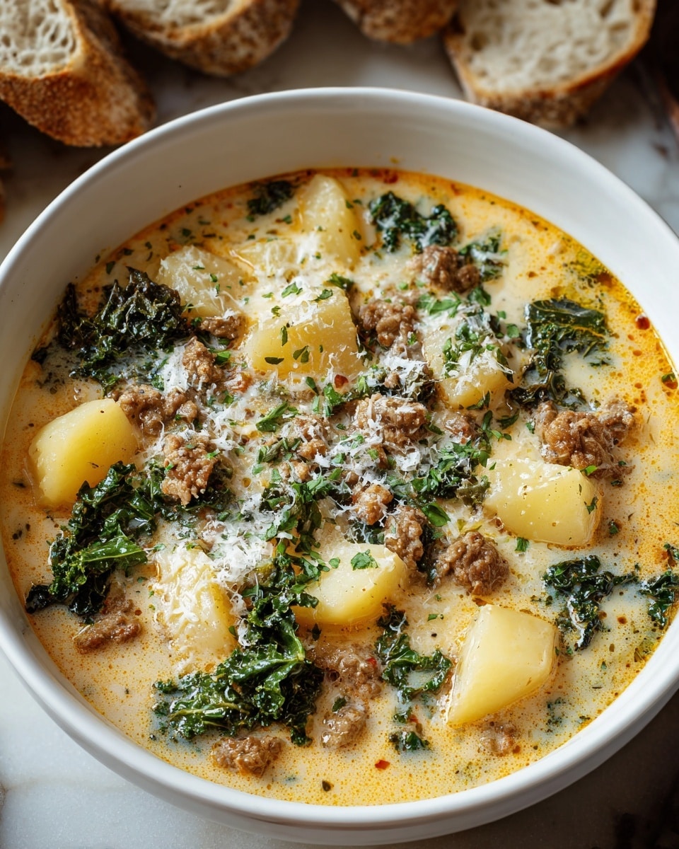 A white bowl filled with creamy soup showing three main layers: the base layer is a smooth light tan broth, the middle layer includes chunks of yellow potatoes and dark green kale mixed with browned ground meat, and the top layer is sprinkled with finely grated white cheese adding a soft texture. The soup surface has small spots of oil and herbs visible, creating extra color detail. The bowl sits on a white marbled texture surface with some pieces of rustic bread to the side. Photo taken with an iphone --ar 4:5 --v 7