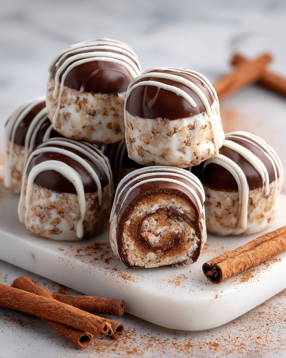 A group of five round truffles sit on a white marble square board, each covered in smooth milk chocolate. Two truffles are cut in half to show three layers inside: a rough, white coconut filling swirled with a darker brown cinnamon layer in the middle. The truffles are topped with thin white chocolate drizzles and sprinkled with a dusting of brown cinnamon powder. To the side on the board are three cinnamon sticks. The background is a soft white marbled surface. photo taken with an iphone --ar 4:5 --v 7