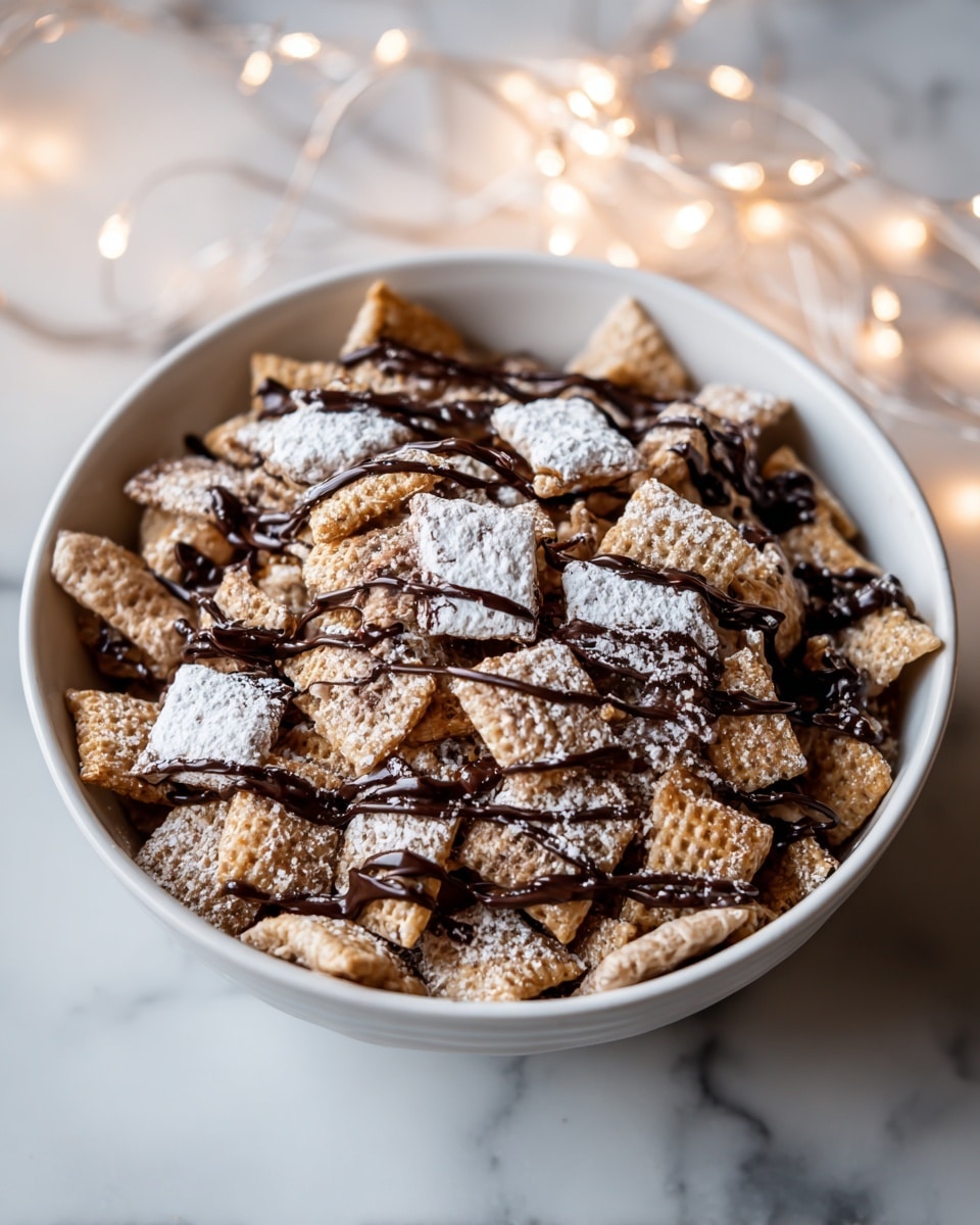 The image shows a white bowl filled with a mix of square cereal pieces that have a light golden brown color and a slightly rough texture. On top of the cereal, there are several pieces coated with a layer of powdered sugar, giving a soft white dusted look. Dark chocolate is drizzled generously over the cereal, creating thin, shiny lines that contrast with the light color of the cereal and powdered sugar. The bowl is set on a white marbled surface with soft, warm fairy lights glowing gently in the background, adding a cozy feeling to the scene. photo taken with an iphone --ar 4:5 --v 7
