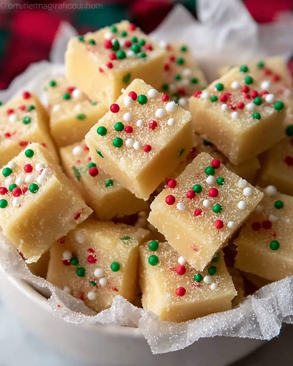 A close-up view of many small, square pieces of light yellow fudge piled in a white bowl lined with parchment paper. Each fudge piece is topped with tiny round sprinkles in red, green, and white colors, adding a festive touch with a slightly grainy texture visible on the surface. The bowl is placed on a white marbled surface with a softly blurred background. Photo taken with an iphone --ar 4:5 --v 7