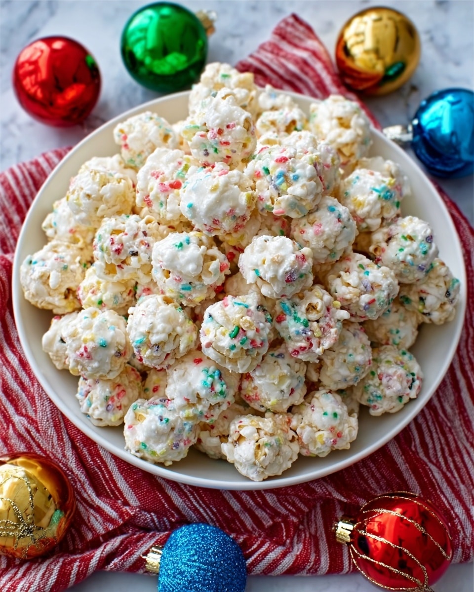 A large white bowl is filled with many small, round popcorn balls coated in white candy, mixed with tiny colorful sprinkles inside the coating. The popcorn balls cover the entire bowl and look light and puffy. The bowl sits on a red and white striped cloth over a white marbled surface. Around the bowl, shiny, colorful ornaments in red, green, blue, and gold add a festive feel. Photo taken with an iphone --ar 4:5 --v 7