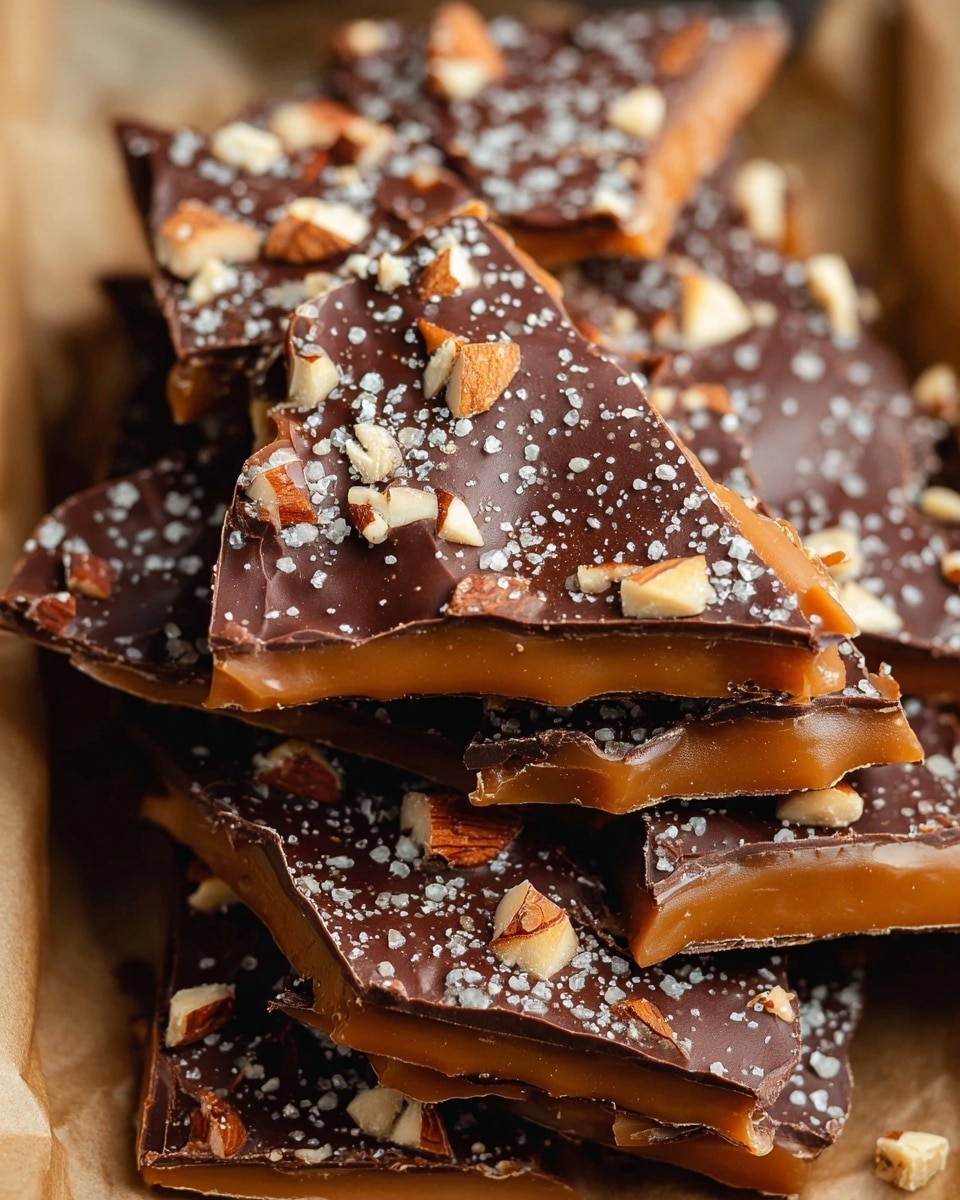 The image shows many pieces of thick bark candy stacked together. Each piece has two clear layers: a bottom layer of smooth, shiny caramel brown and a top layer of dark chocolate with a glossy texture, sprinkled heavily with small chopped nuts. The bark pieces have rough, uneven edges and some folds or waves in the chocolate. The candy pieces are arranged closely on a light brown parchment paper, which adds a soft contrast to the dark and rich colors of the bark. photo taken with an iphone --ar 4:5 --v 7