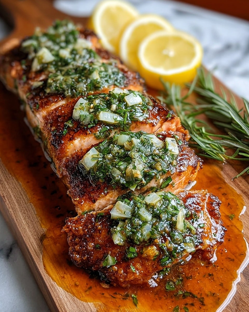 A cooked salmon fillet with crispy browned skin, cut into five thick slices, each topped with a green herb sauce mixed with small pieces of white onion, resting on a wooden board with a pool of orange-brown sauce around it; in the background, three lemon wedges and a green rosemary sprig add color and freshness, all presented on a white marbled surface. photo taken with an iphone --ar 4:5 --v 7