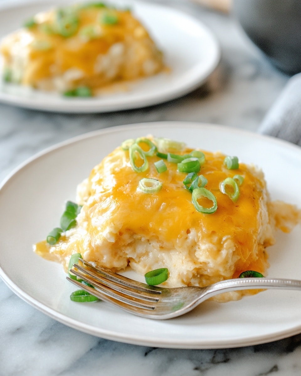 A single square piece of hashbrown casserole sits centered on a round white plate with a thin golden rim. The casserole has two visible layers: a base layer of shredded, slightly browned hashbrowns mixed with creamy cheese, and a top layer of melted golden-yellow cheese that looks soft and gooey. Small pieces of bright green chopped scallions are scattered on top, adding a fresh pop of color. A silver fork rests diagonally on the plate behind the casserole, and the plate is set on a white marbled surface. photo taken with an iphone --ar 4:5 --v 7