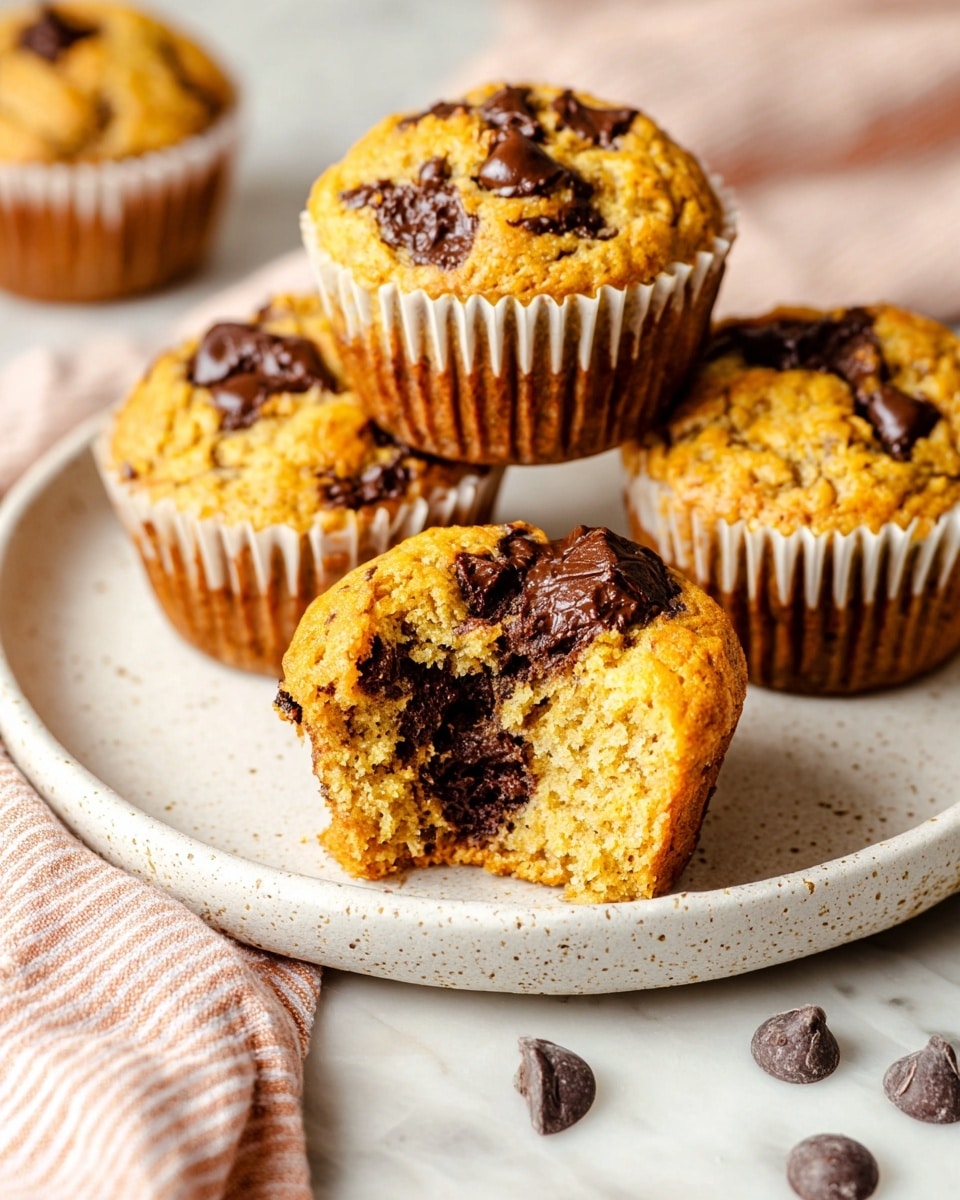 A group of four golden brown muffins with chocolate chips on top and inside are arranged on a round white plate with speckled details. One muffin in front has a bite taken out of it, showing its soft, dense texture and melting dark chocolate chunks inside. A few chocolate chips are scattered around the plate on a white marbled surface with a folded pink and white striped cloth underneath. The muffins have white paper liners and a slightly rough, crumbly texture on top. Photo taken with an iphone --ar 4:5 --v 7