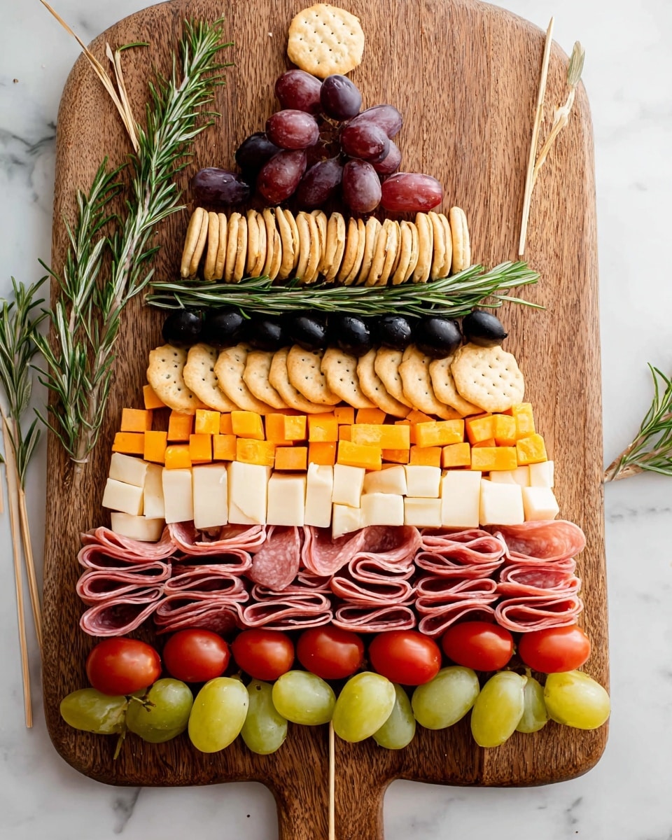 A wooden board shaped like a Christmas tree holds seven horizontal layers arranged from bottom to top: the first layer is bright orange cheese cubes; the second layer is fresh green rosemary sprigs; the third layer is dark purple grapes; the fourth layer is a line of round light beige crackers; the fifth layer is folded slices of salami in a wave pattern; the sixth layer is white cheese cubes; the seventh layer is halved red cherry tomatoes; the eighth layer is green grapes; the ninth layer is black olives topped with several slices of curled pink prosciutto. Several rosemary sprigs are scattered between layers, and wooden toothpicks sit on both sides of the board, all placed on a white marbled surface. photo taken with an iphone --ar 4:5 --v 7