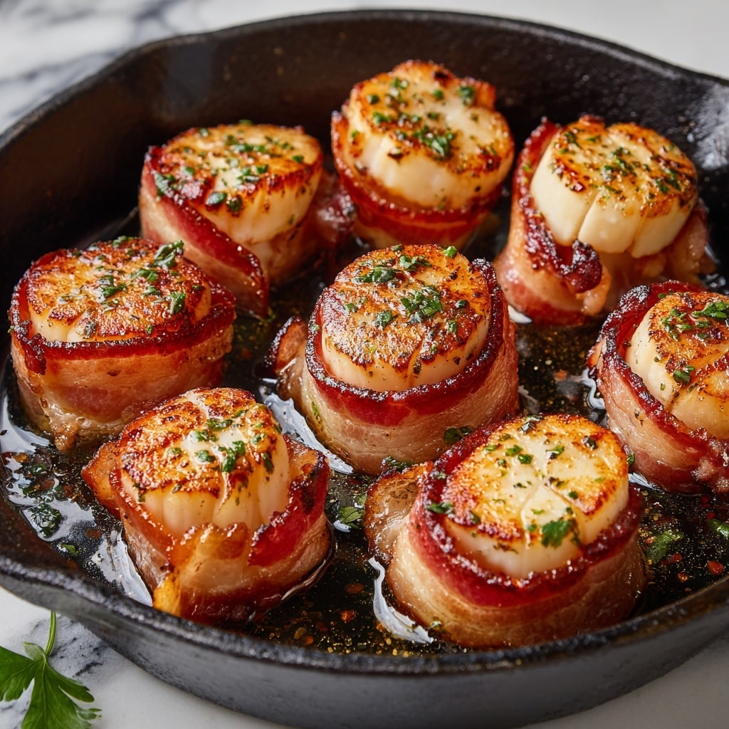 The dish shows three thick pieces of bacon-wrapped meat arranged closely in the center of a smooth layer of creamy mashed potatoes that spread across the surface of a white plate. The bacon is a rich golden brown with a crispy texture and the meat inside appears juicy and tender with a slightly browned top. Small bits of chopped green herbs are sprinkled over the meat and mashed potatoes, adding a touch of green to the warm colors. The plate is set on a white marbled surface. photo taken with an iphone --ar 4:5 --v 7