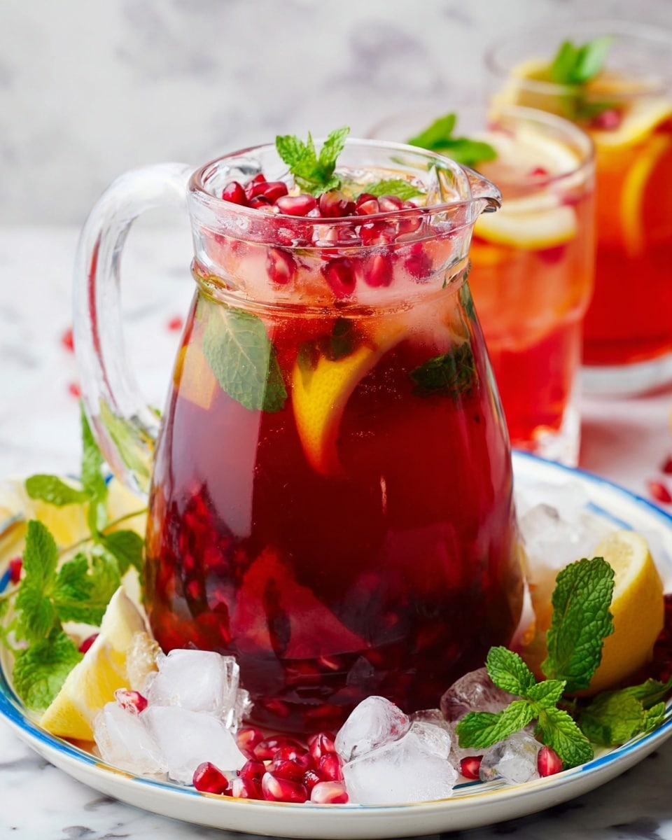 A clear glass pitcher filled with a red drink that has layers starting with a deep red liquid at the bottom, floating bright red pomegranate seeds, green mint leaves, and slices of yellow lemon near the top. The pitcher sits on a white plate with scattered ice cubes, lemon slices, fresh mint sprigs, and more pomegranate seeds around it. In the background, there are two clear glasses with the same red drink, garnished with lemon slices and mint leaves, set on a white marbled surface. The whole scene looks fresh and colorful, showing a mix of red, green, yellow, and clear textures. Photo taken with an iphone --ar 4:5 --v 7