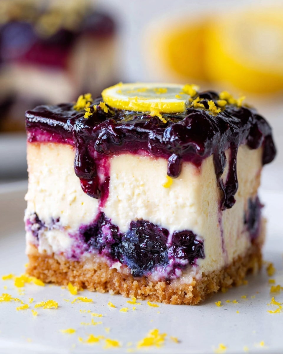 A close-up of a square slice of cake showing four clear layers: the bottom layer is a light brown crumbly crust, the second layer is dark purple blueberry pieces mixed in a creamy base, the third layer is a thick, pale creamy cheesecake, topped by a smooth, glossy deep purple blueberry sauce that drips slightly down the sides, sprinkled with small bits of bright yellow lemon zest and a thin yellow lemon slice on top. The cake is placed on a white plate with yellow lemon zest scattered around, set against a white marbled texture background. Photo taken with an iphone --ar 4:5 --v 7