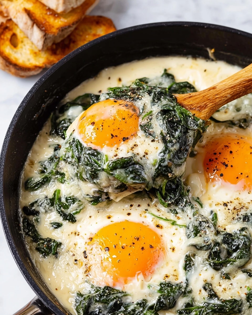 The image shows a close-up of a black pan with two cooked eggs surrounded by creamy white sauce mixed with wilted dark green spinach leaves. The eggs have bright orange yolks in the center, slightly shiny and topped with black pepper. The creamy sauce is thick and smooth, covering most of the spinach and eggs, with some browned spots on top. A wooden spoon lifts some of the spinach and sauce, revealing the texture underneath. In the top left corner, there are pieces of toasted bread with a golden-brown crust resting on a white marbled surface. Photo taken with an iphone --ar 4:5 --v 7