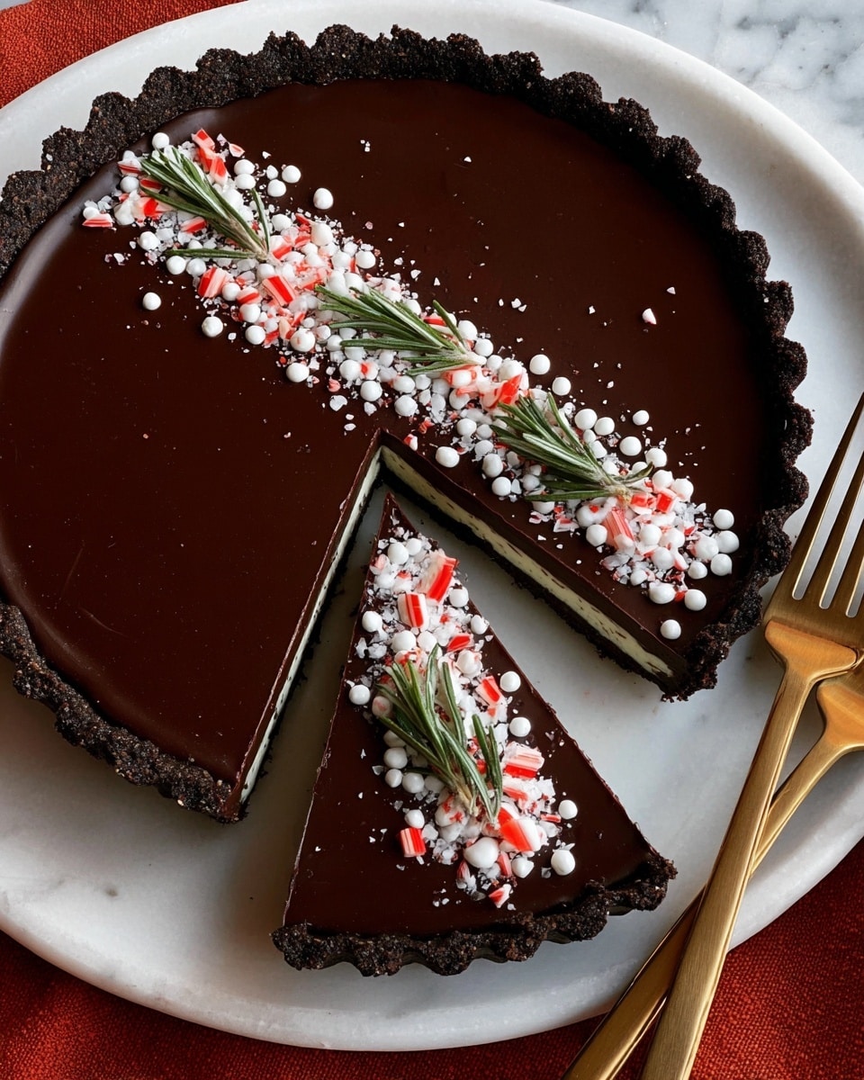 A dark chocolate tart with a crumbly chocolate crust forms the base and sides in a fluted pattern. The top layer is smooth, shiny dark chocolate ganache that covers the whole surface. A straight line of decoration runs from one edge to nearly the other, made of small white sugar pearls and crushed red and white candy pieces, interspersed with green rosemary sprigs. A single slice is cut out, showing the inside which is a creamy, white filling with a light texture. The tart sits on a white plate placed on a white marbled texture. Two gold forks are nearby. Photo taken with an iphone --ar 4:5 --v 7