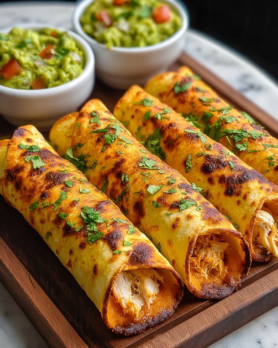 Five golden brown rolled taquitos are lined up side by side on a round wooden board, each wrapped tightly with a visible shredded chicken filling peeking out from the ends. The taquitos are sprinkled with small green cilantro pieces and a light dusting of seasoning that adds texture and specks of char marks over the crispy surface. Two small white bowls sit in front of the taquitos, filled with fresh, chunky green guacamole, one topped with finely chopped red onions, tomatoes, and cilantro, and the other garnished with a dollop of sour cream and small colorful vegetable pieces. The scene is set against a white marbled surface. photo taken with an iphone --ar 4:5 --v 7