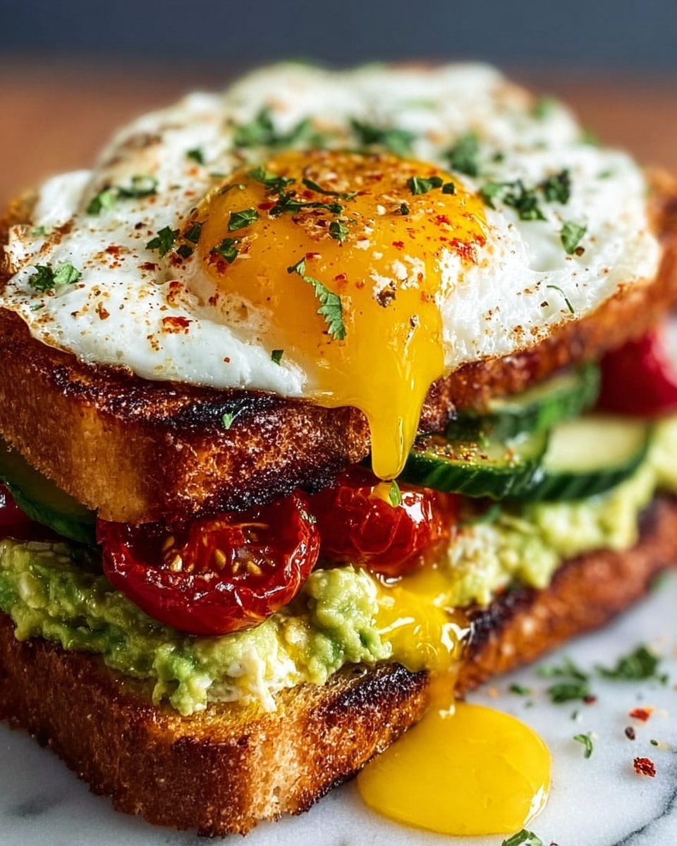 A sandwich made with two thick, toasted golden-brown bread slices that have a crispy texture and some green herb sprinkles on top. The bottom slice holds a creamy light green avocado spread layer, topped with thin slices of fresh cucumber. Above the cucumber are several roasted cherry tomato halves in deep red with a slight shine. A fried egg with a bright yellow runny yolk dripping down the side and white, slightly crispy edges rests on the tomatoes. The sandwich sits on a white marbled surface with some scattered green herbs around it. Photo taken with an iphone --ar 4:5 --v 7