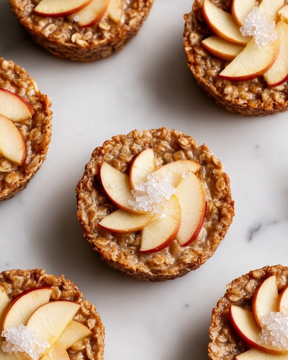 A close-up of a single muffin with a rough texture showing oats and light brown cinnamon on the outside. The muffin top has two slices of pale yellow apple, dusted with cinnamon and sprinkled with white coarse sugar crystals. The muffin sits on a white marbled surface, with two blurred muffins in the background and a beige cloth in the bottom right corner. photo taken with an iphone --ar 4:5 --v 7