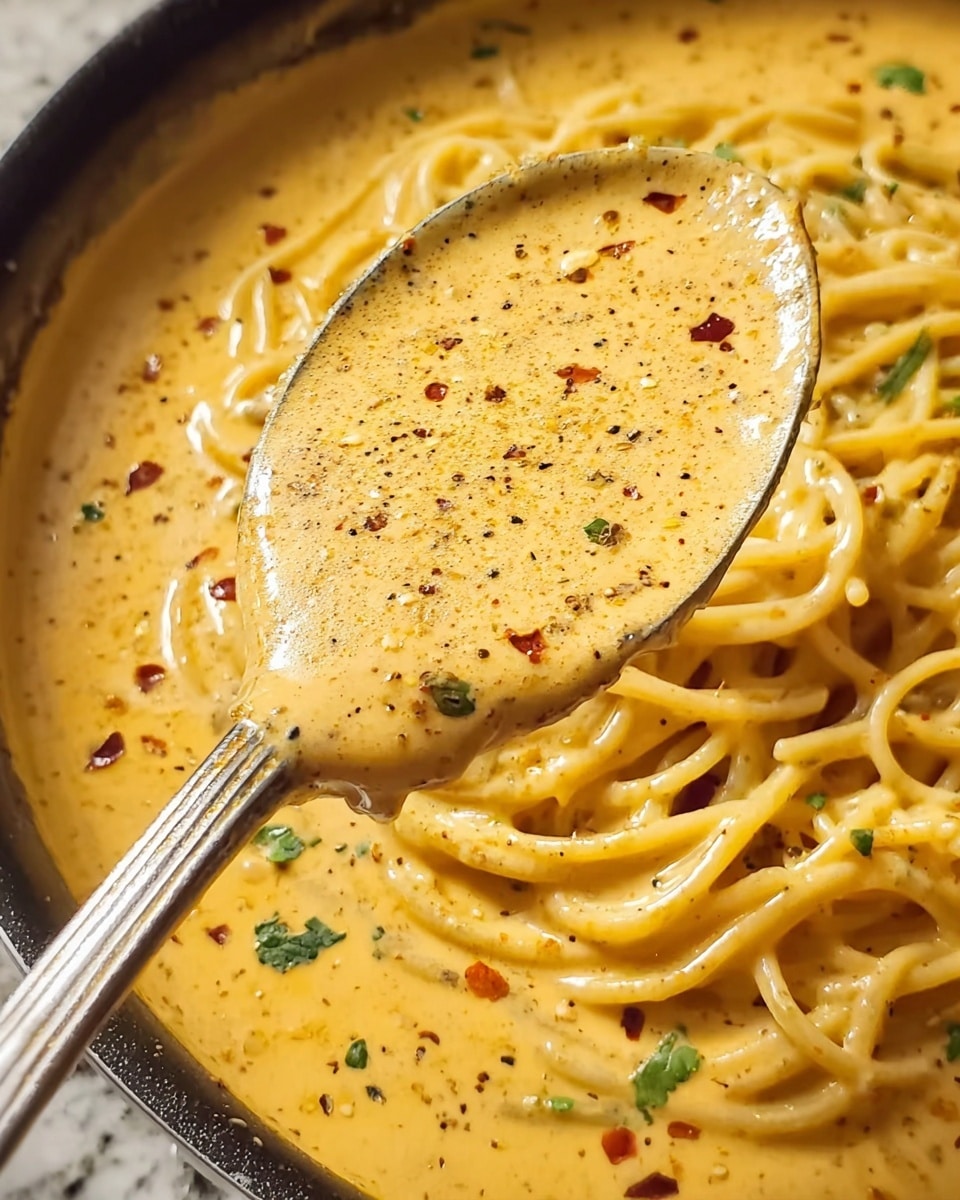 This close-up image shows a pan with creamy spaghetti coated in a thick, yellow-orange sauce speckled with black pepper and red chili flakes. The sauce has a smooth texture with small green herb pieces scattered throughout, while the spaghetti strands beneath are light golden and tender, mostly submerged in the sauce. A silver spoon filled with the same creamy sauce and seasoning is held over the pan, showcasing the sauce's rich and slightly speckled surface. The background shows a white marbled texture. photo taken with an iphone --ar 4:5 --v 7