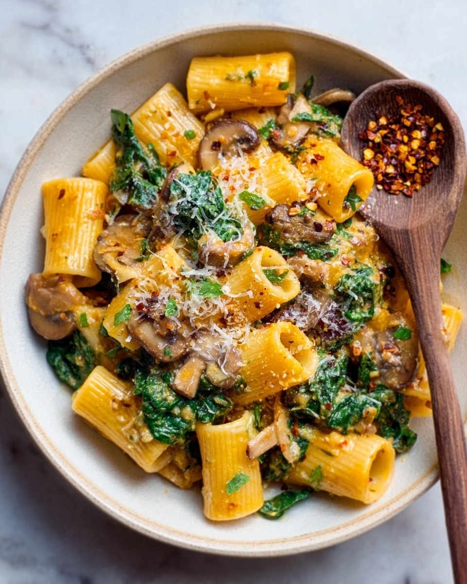 A white shallow bowl holds a serving of rigatoni pasta mixed with sautéed spinach and mushrooms. The pasta is coated with a creamy orange sauce, and the top is sprinkled with grated cheese and small pieces of crushed red pepper. The dish sits on a white marbled textured surface, with a wooden spoon next to it holding crushed red pepper flakes. The colors in the dish range from the yellow-orange pasta, bright green spinach, light brown mushrooms, and white cheese bits. Photo taken with an iphone --ar 4:5 --v 7