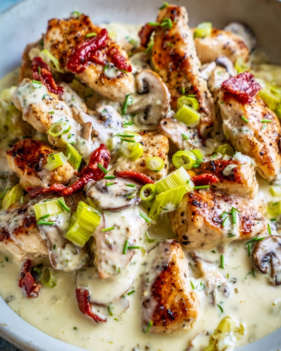 The image shows a white skillet filled with several browned chicken pieces layered unevenly and coated in a thick, creamy light yellow sauce. Scattered over and around the chicken are sliced bright green pepperoncini rings and slivers of red peppers, adding contrast with their vibrant colors. The sauce appears smooth with a glossy texture, partially pooling at the bottom and clinging to the chicken and peppers. The chicken's surface has small black pepper specks and a lightly seared texture. The background and surface beneath the skillet show a white marbled look. Photo taken with an iphone --ar 4:5 --v 7