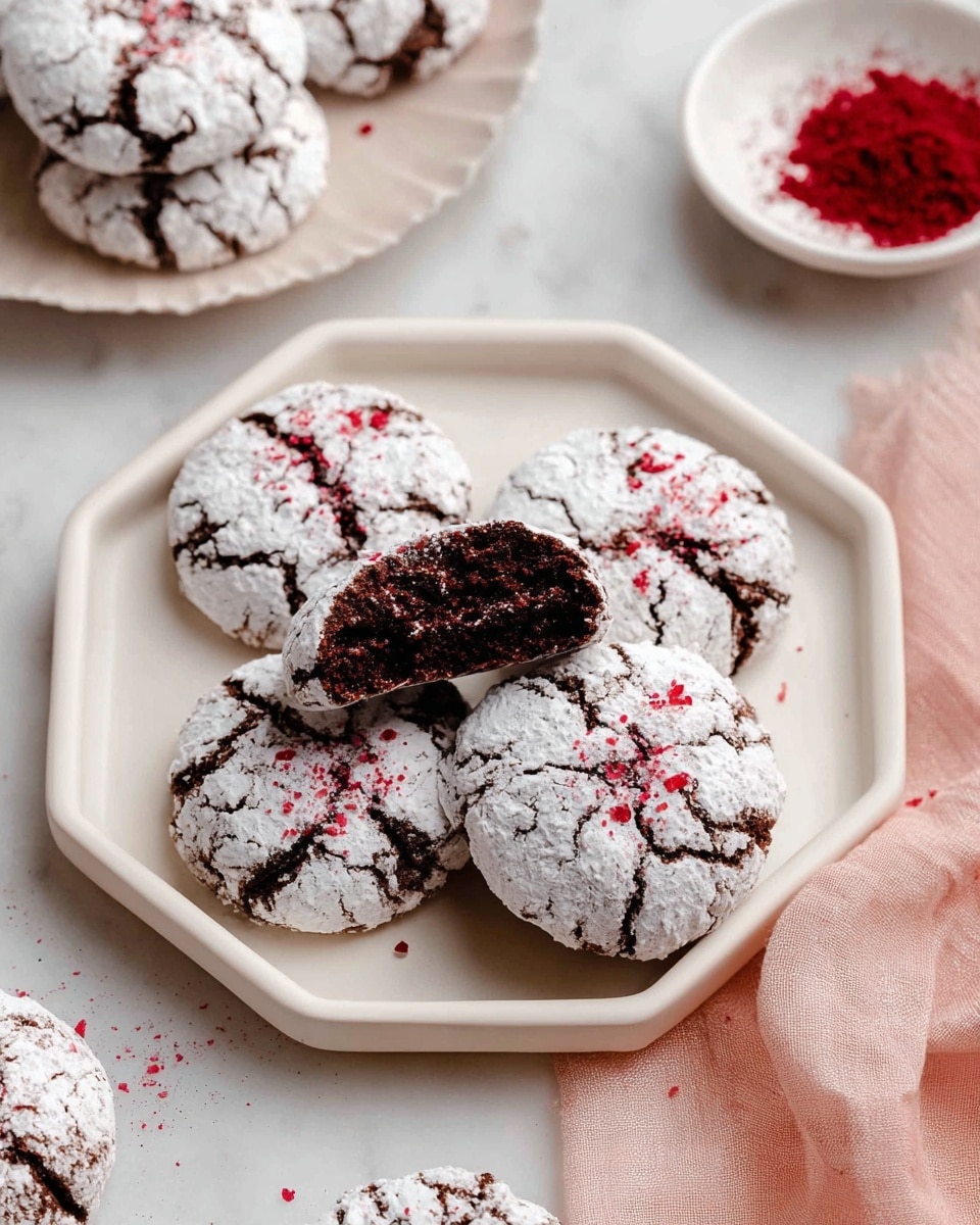 A white octagonal plate holds four round, cracked chocolate cookies covered in powdered sugar with small red specks scattered on top. The cookies have a rough, crinkled texture with deep dark brown cracks showing through the white sugar layer. One cookie is broken in half, revealing a moist, dark chocolate interior. Around the plate, more cookies of the same kind rest on a white marbled surface, with a soft pink cloth and a small white bowl of bright red powder in the background. Photo taken with an iphone --ar 4:5 --v 7