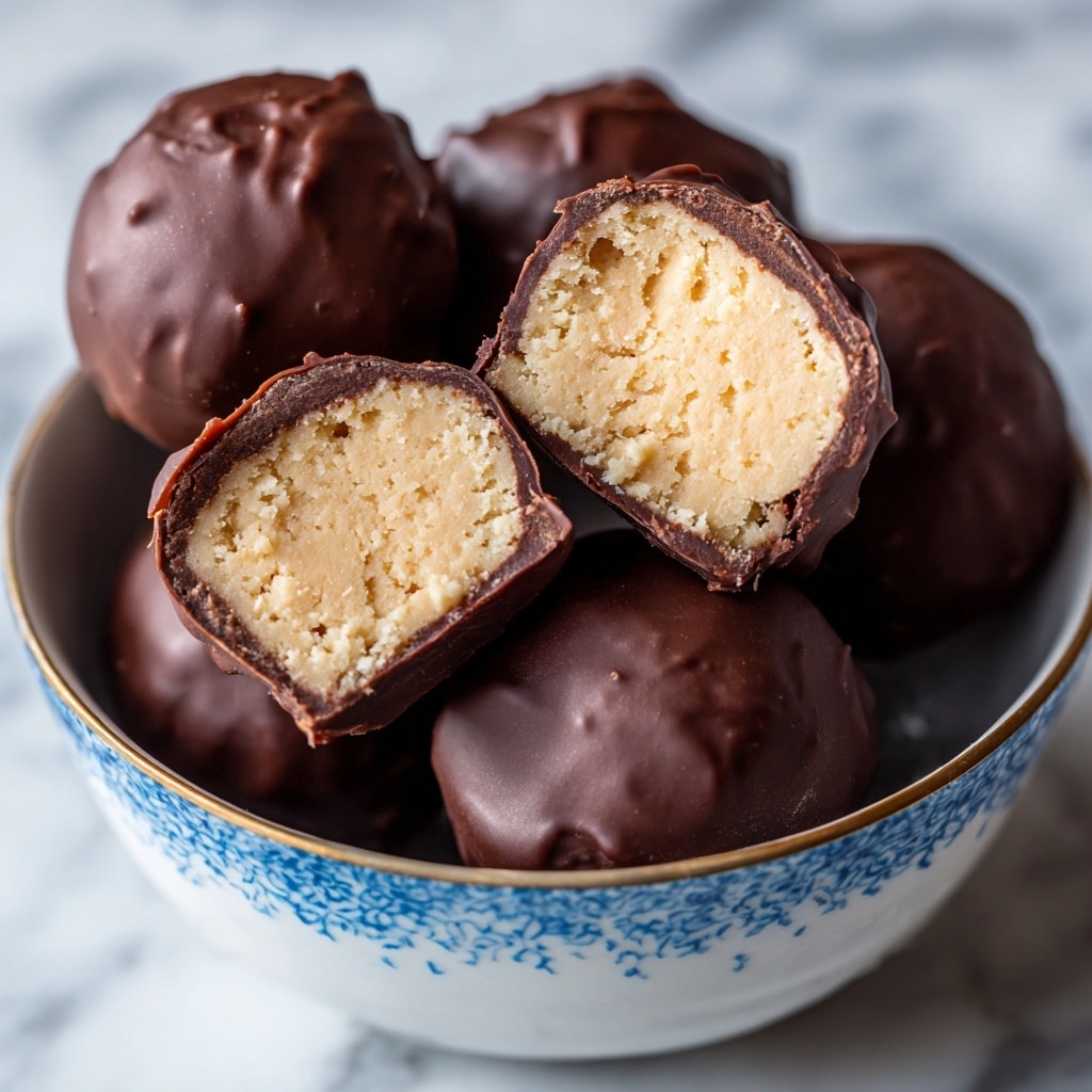 The image shows several coffee truffles, each with two layers: a thick, creamy light brown inner layer with a smooth, slightly crumbly texture, and an outer glossy dark brown chocolate shell that covers the truffles evenly. The truffles are both whole and cut in half, revealing the contrast between the interior and exterior. The truffles are placed inside a white bowl with a blue patterned inside, all set on a white marbled surface. photo taken with an iphone --ar 4:5 --v 7