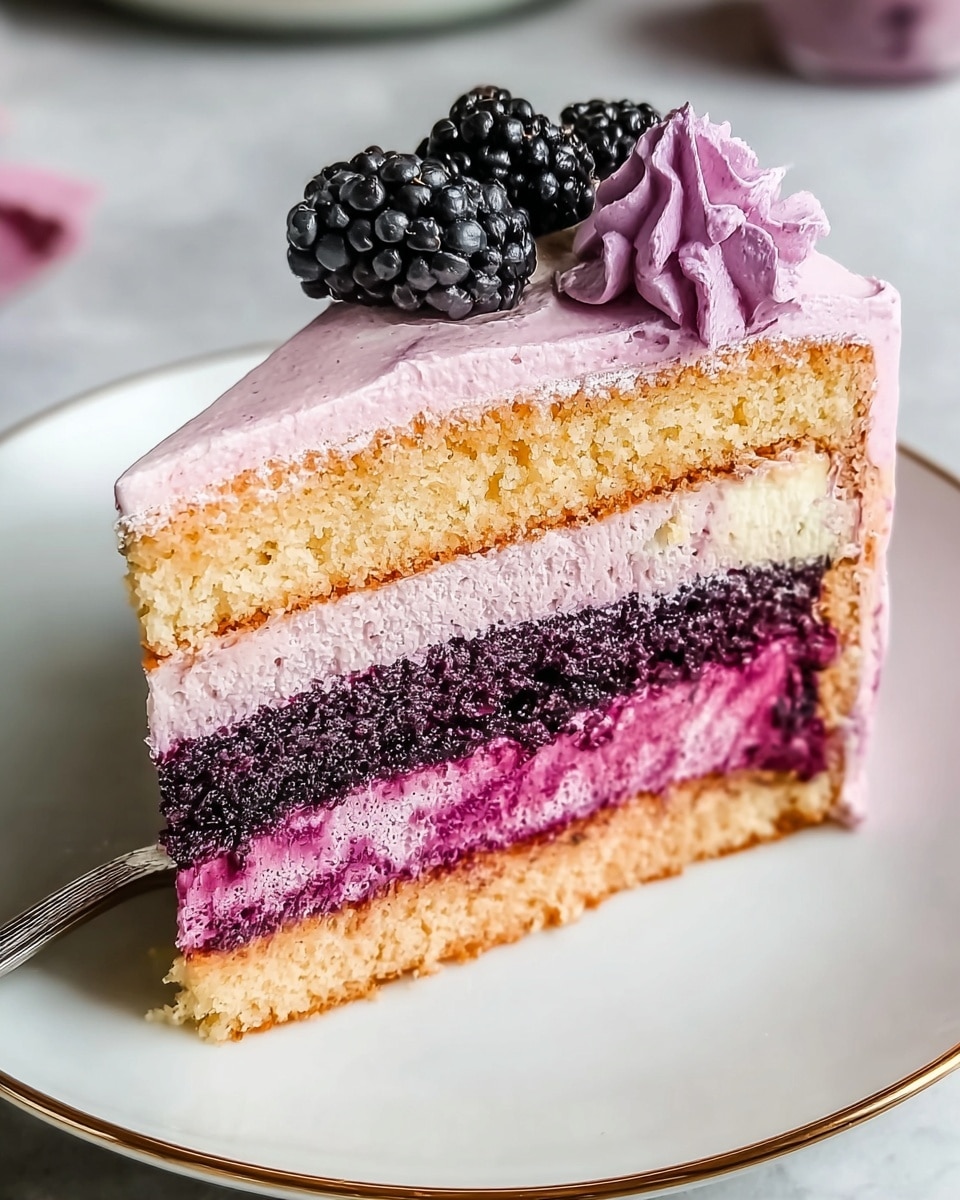 A slice of layered cake sits on a white plate with a thin gold rim, placed on a white marbled texture. The cake has five visible layers: from bottom to top, a light golden sponge cake layer, a thick dark purple berry filling, a pink creamy frosting layer, another light golden sponge cake layer, and a top layer of pink frosting. The top of the cake is decorated with fresh blackberries and a dollop of purple cream. A silver fork rests near the cake slice on the plate. Photo taken with an iphone --ar 4:5 --v 7