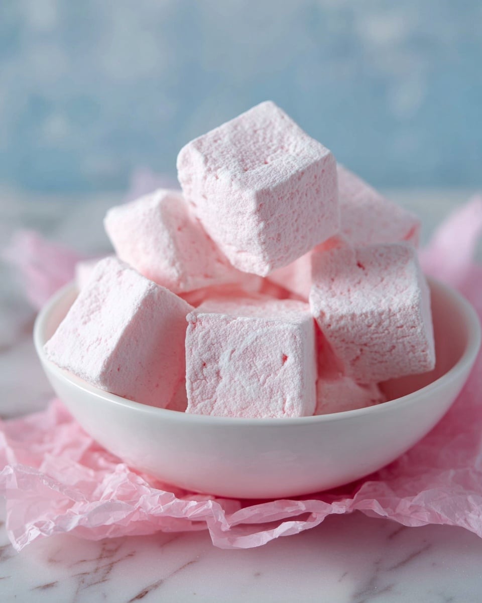 A white bowl filled with several soft, square-shaped pink candies that have a smooth texture and a slightly powdery surface. The candies are piled on top of each other, showing different angles and sides in a soft pink color. The scene has a white marbled texture background. photo taken with an iphone --ar 4:5 --v 7