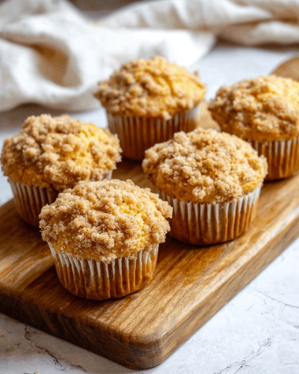 The image shows five golden brown muffins with a rough, crumbly top layer sitting on a wooden cutting board. The muffins have a textured surface with small cracks and visible grainy bits, suggesting a dense, moist inside. The wooden board underneath is smooth with light and dark natural wood grain lines. The background is a soft white marbled texture with a blurry white cloth folded around the cutting board edges. A small orange pumpkin is faintly visible in the background. Photo taken with an iphone --ar 4:5 --v 7