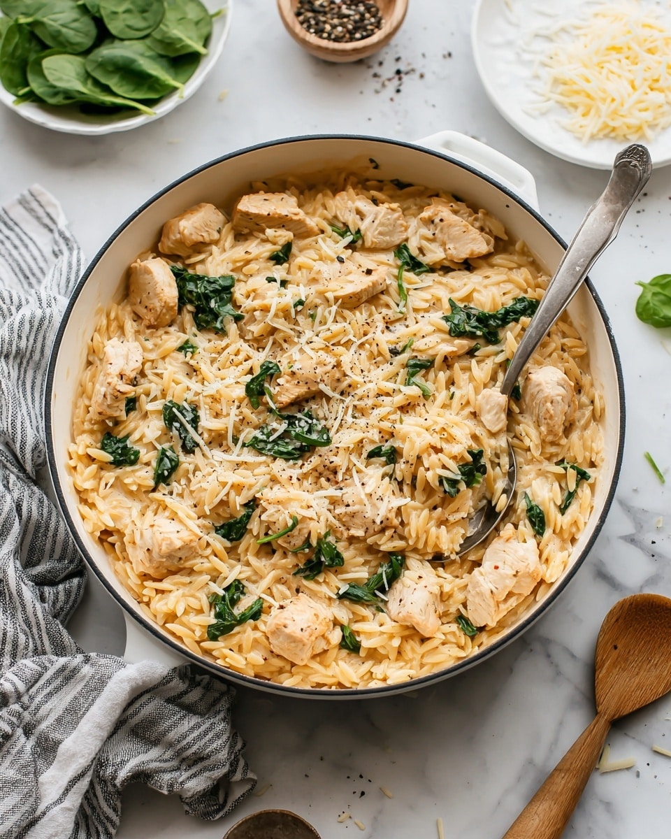 A white pot filled with creamy orzo pasta mixed with pieces of cooked chicken, scattered green herbs on top, and some melted cheese visible throughout, giving a slightly gooey texture. The orzo is light brown with a creamy sauce coating, and the chicken pieces are golden with black pepper sprinkled on them. The pot sits on a white marbled surface with a striped towel to the left, some fresh spinach leaves on a white plate in the background, and small bowls containing black pepper and grated cheese nearby. A wooden spoon with a white handle rests on the right side of the pot. Photo taken with an iphone --ar 4:5 --v 7