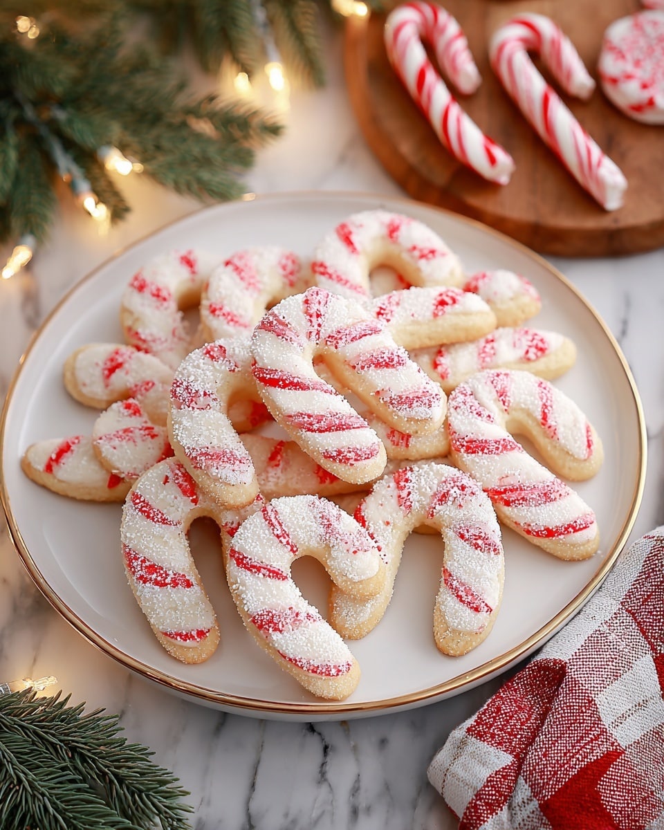 A white plate with a brown rim is filled with candy cane-shaped cookies arranged in a casual stack. Each cookie has a light golden base with bright red and white striped icing on the top, resembling a candy cane pattern. The cookies are dusted lightly with powdered sugar, adding a soft white texture over the red and white stripes. The plate sits on a white marbled surface, surrounded by small green pine branches with frosted tips and warm string lights in the background. Nearby, there is a red and white checkered cloth and other peppermint candies adding to the festive feel. Photo taken with an iphone --ar 4:5 --v 7