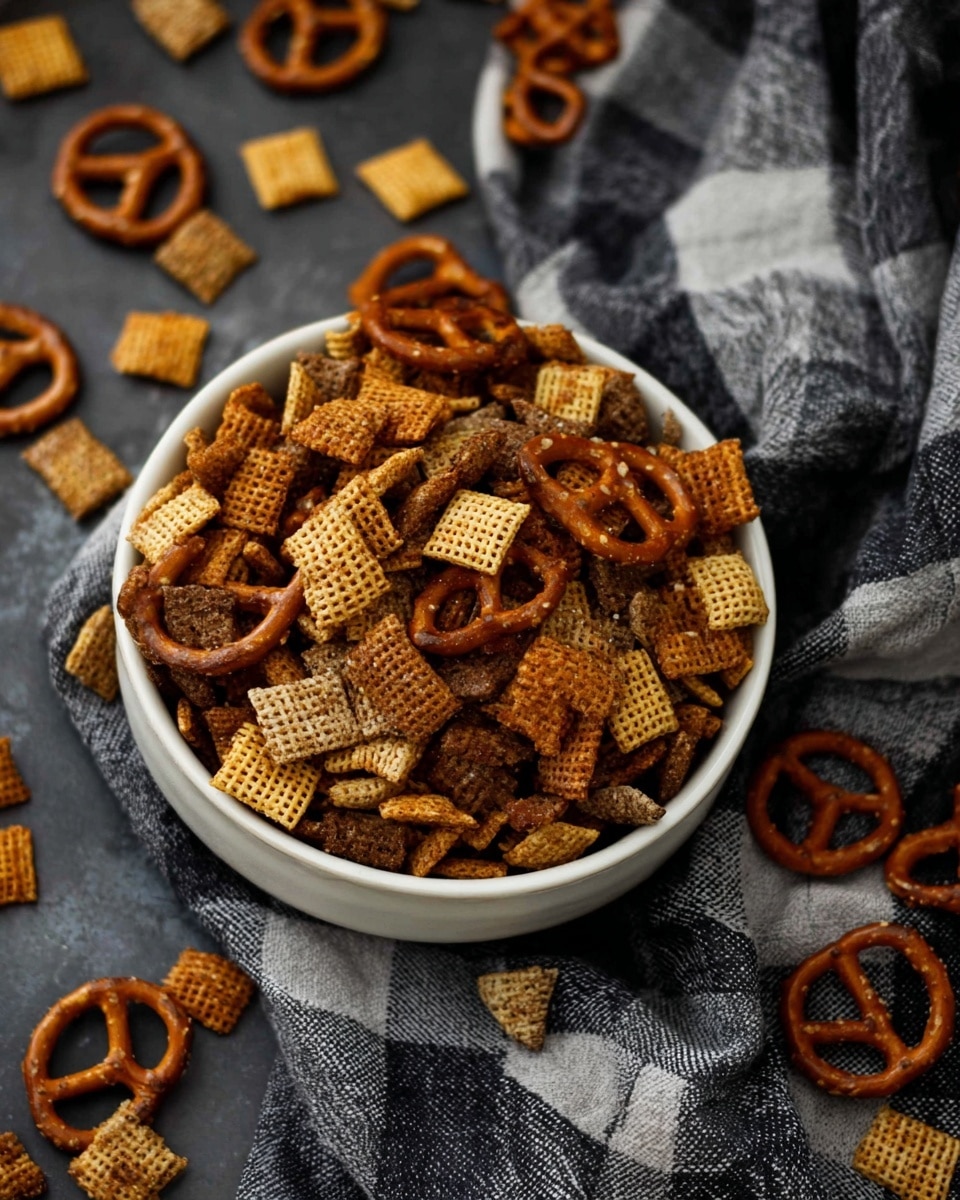 A full white bowl holds a mix of crunchy snacks with two main shapes and textures: small, square, lattice-like cereal pieces in light golden and darker toasted brown colors, and mini pretzels in a shiny deep brown, twisted shape. Some pieces are slightly shiny from seasoning, and several mini pretzels rest on the top layer. Around the bowl, more of these snacks are scattered on a grey and black checkered cloth, which lies on a dark surface. photo taken with an iphone --ar 4:5 --v 7