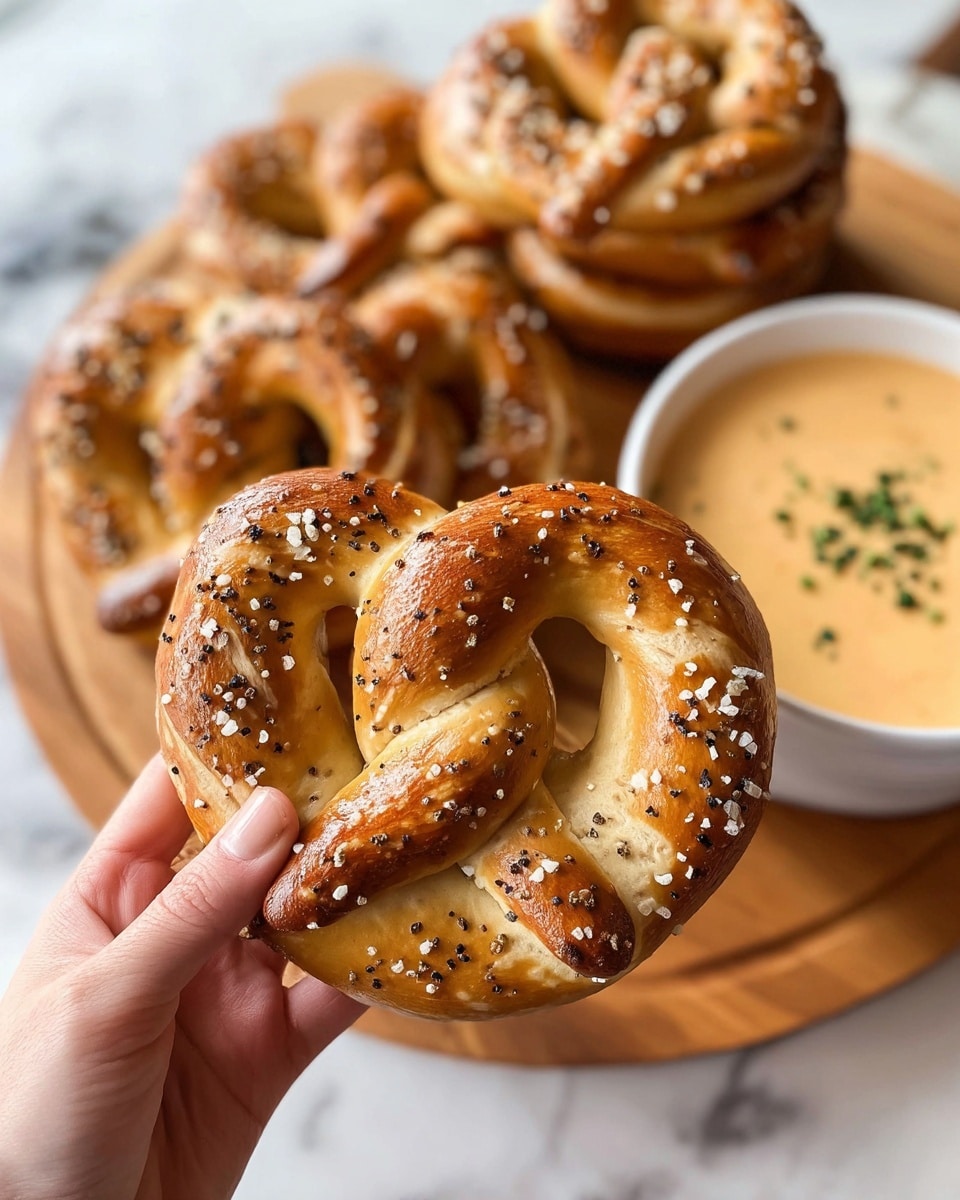 A close-up view of a golden brown soft pretzel sprinkled with coarse salt and black pepper flakes, held by a woman's hand in the foreground. Behind the pretzel, there is a white bowl filled with creamy light orange cheese sauce topped with small green herb pieces. More pretzels with the same seasoning are placed stacked on a wooden board in the background, all set on a white marbled surface. The pretzels have a smooth and shiny texture with lightly browned edges. Photo taken with an iphone --ar 4:5 --v 7