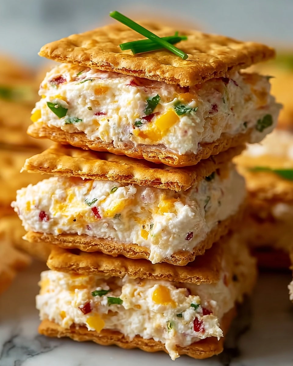 The image shows a close-up of a stack of square crackers filled with a creamy cheese mixture. Each layer has a light brown, crisp cracker on the top and bottom, with a thick layer of creamy white cheese mixed with small bits of yellow cheese and green herbs in the middle. Some red pepper pieces are also visible in the cheese. The crackers are stacked on a surface with a white marbled texture, and a small piece of green herb garnishes the top cracker. Photo taken with an iphone --ar 4:5 --v 7