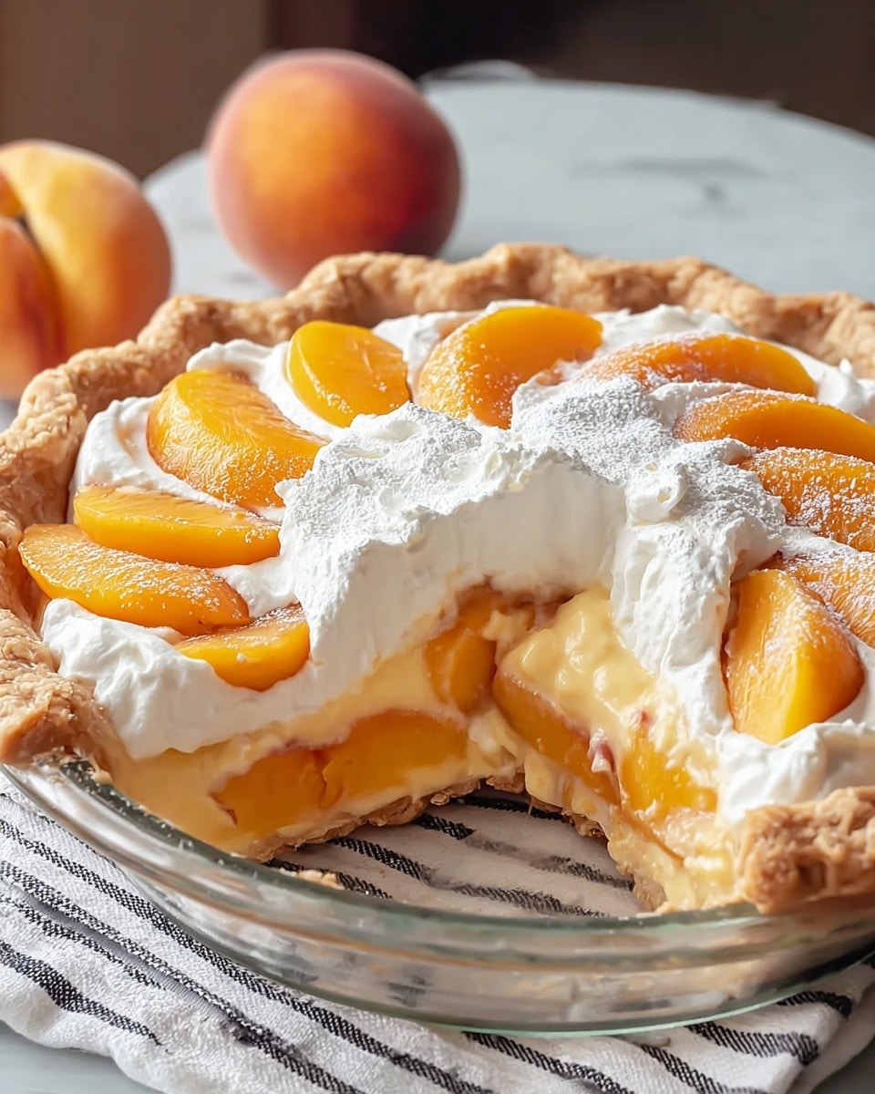 A peach pie with three main layers is shown in a clear pie dish placed on a white marbled surface with a striped cloth underneath. The bottom layer is a thick, golden-brown crust with a crimped edge that rises around the pie. Above it is a smooth, light yellow peach filling, topped by a thick layer of white cream with soft peaks. The cream is decorated with evenly spaced, vibrant orange peach slices, some dusted lightly with powdered sugar, giving a gentle, snowy look. A slice is missing from the front, revealing the layers inside. Two peaches are blurred in the background, adding color contrast. photo taken with an iphone --ar 4:5 --v 7