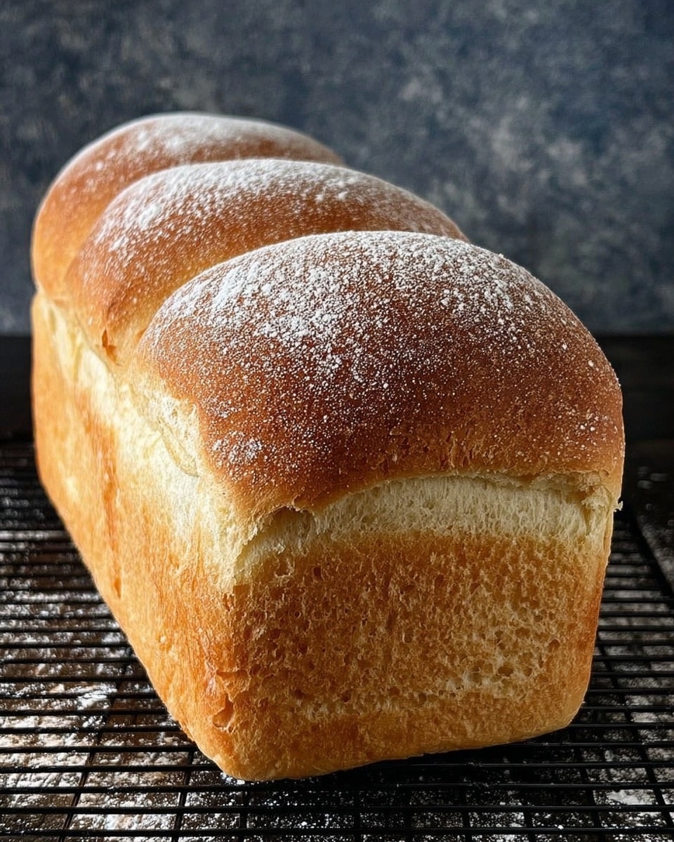 A loaf of bread with three rounded top sections, each dusted lightly with white flour, sitting on a black cooling rack. The bread has a golden brown crust on top, gradually turning lighter tan on the sides with a textured, soft-looking crumb pattern. The background is a dark gray textured wall, and the bread appears fresh and soft. Photo taken with an iphone --ar 4:5 --v 7