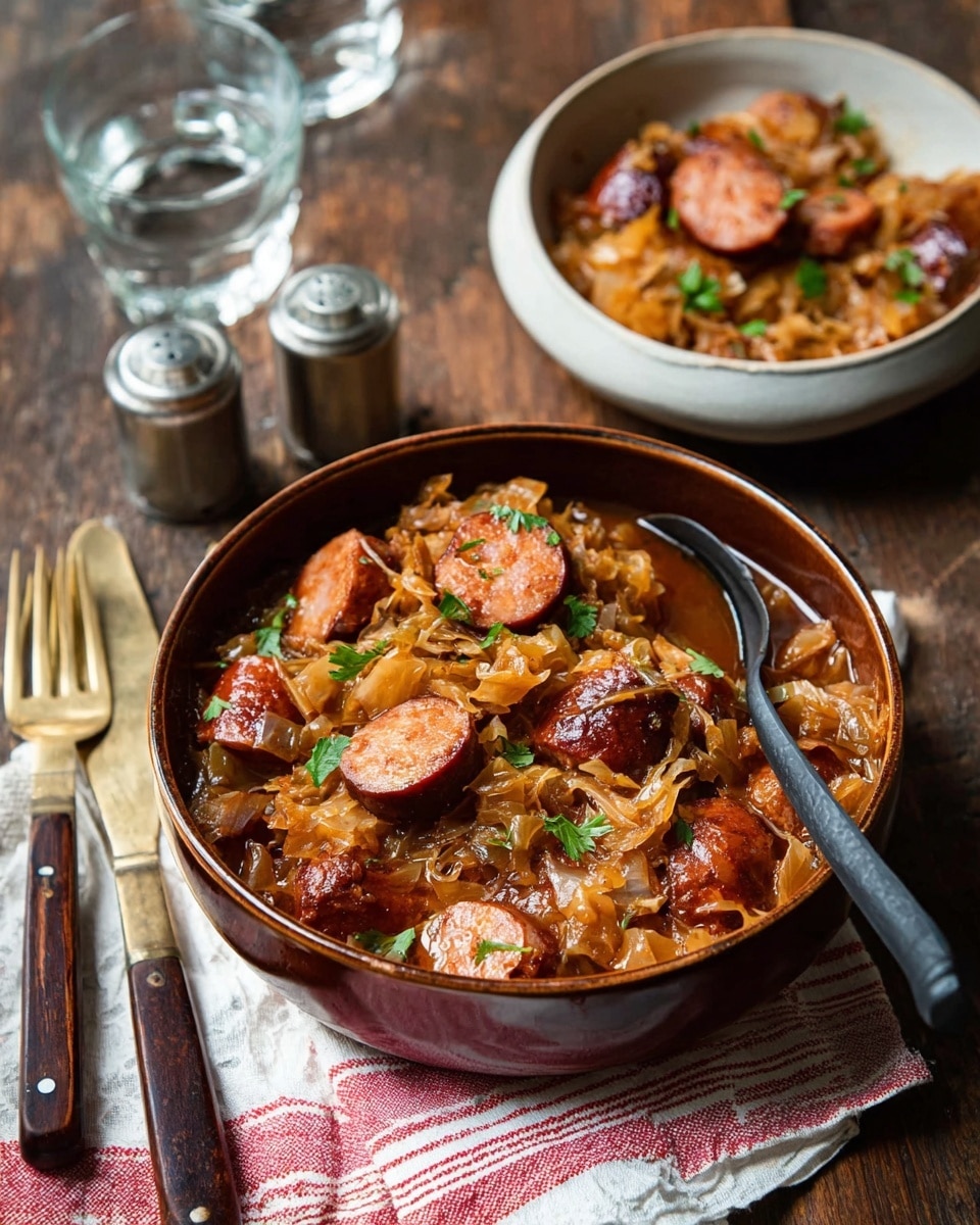 A brown bowl filled with a thick stew, showing multiple layers of cooked sausages sliced into rounds with a reddish-brown outer layer and a textured inside, mixed with chunks of tender meat and soft, brownish-orange cabbage or sauerkraut, all garnished with small green parsley leaves scattered on top. The stew has a glossy, slightly oily surface with rich, deep brown and orange hues. A black-handled spoon rests inside the bowl. Next to it is a smaller white bowl holding a similar stew portion. Both are placed on a dark wooden table over a white cloth with red stripes, near a metal spoon and fork with dark handles and golden tops. In the background, a glass of water and a small silver spice shaker are visible, all set on a white marbled textured surface. Photo taken with an iphone --ar 4:5 --v 7