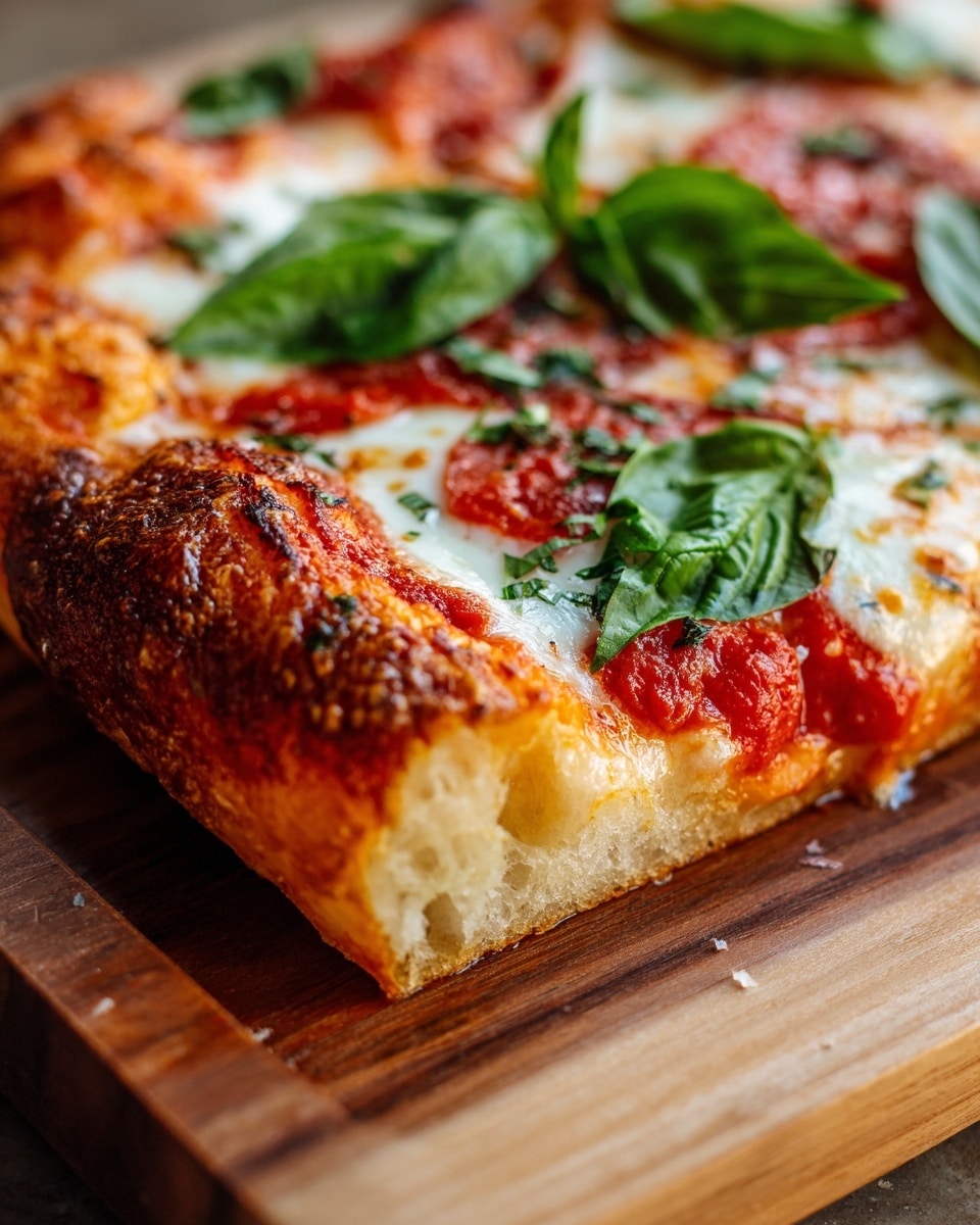 A close-up view of a pizza with one visible layer of golden, toasted crust that is puffy and slightly charred on the edges, topped with a smooth, bright red tomato sauce layer spread evenly, followed by a creamy, melted white cheese layer that glistens with a slight oily sheen. Fresh green basil leaves are placed on top, adding a vibrant contrast to the red and white colors. The pizza rests on a wooden board with a soft, warm light in the background. Photo taken with an iphone --ar 4:5 --v 7