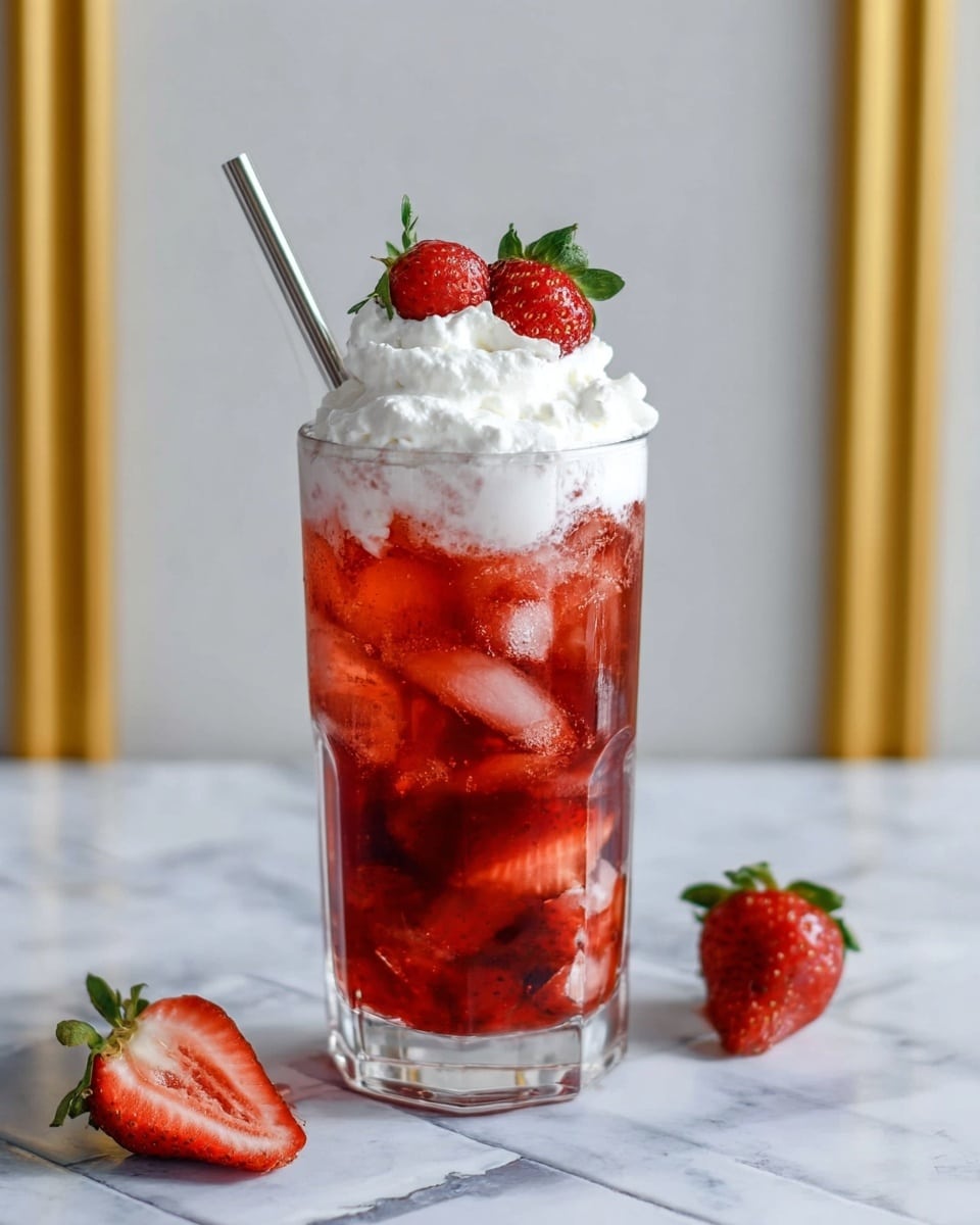 A clear glass filled with three visible layers is displayed on a white marbled surface. The bottom layer is a deep red strawberry sauce with pieces of strawberry embedded in it. Above this is a thick, smooth, pale yellow custard layer. The top layer is white whipped cream with a light, fluffy texture, garnished with two fresh strawberry halves placed upright and one whole strawberry with green leaves on the side. A clear glass straw is inserted at the top right side of the glass. The photo taken with an iphone --ar 4:5 --v 7