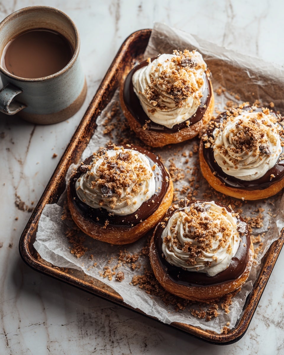 The image shows a baking tray with four round pastries arranged in a rough square pattern on crinkled parchment paper. Each pastry has three visible layers: a golden-brown flaky bottom layer, a middle layer of shiny dark chocolate glaze covering the top, and a top layer of light beige cream swirled into a rosette shape with small pieces of crumbly brown streusel sprinkled over the cream and chocolate edges. The tray is old and rustic with dark brown edges, placed on a white marbled surface. A light gray ceramic cup filled with coffee sits near the back left corner of the tray. Photo taken with an iphone --ar 4:5 --v 7