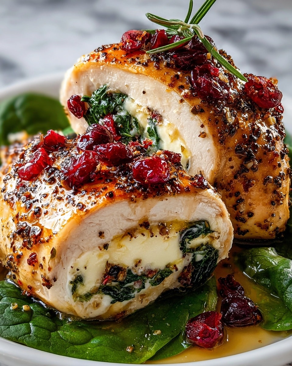 Two stuffed chicken breasts sit on a bed of fresh green spinach leaves on a white plate. Each chicken breast is cut in half, showing layers inside: a creamy white cheese layer, followed by a bright green spinach layer. The outside of the chicken is golden brown with a slightly crispy texture, sprinkled with cracked black pepper and herbs. On top and around the chicken are shiny, deep red cranberries and small bits of dried cranberries. A small green rosemary sprig garnishes one piece, and there is a light glaze of sauce around the chicken, adding a glossy look. The background is a white marbled texture. photo taken with an iphone --ar 4:5 --v 7