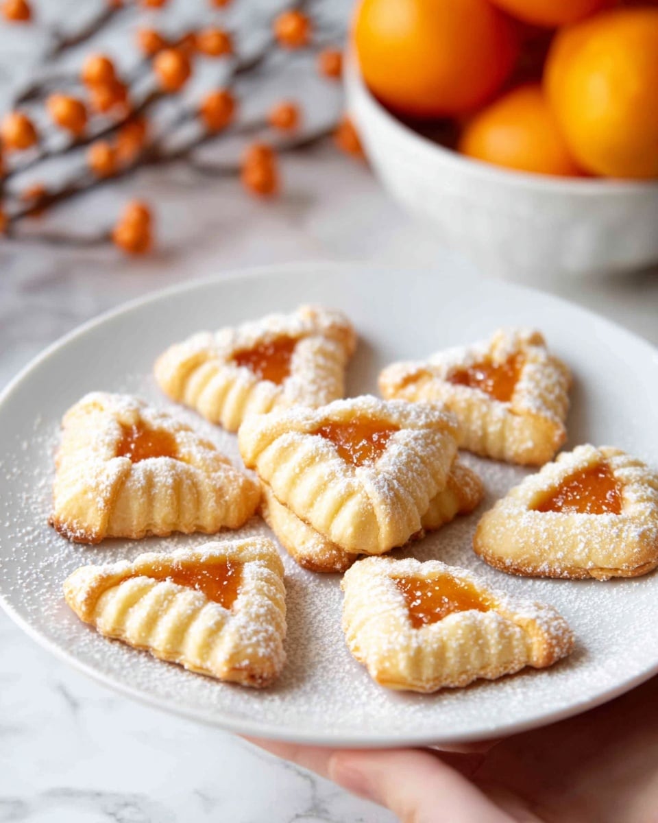 A white plate on a white marbled surface holds seven small pastries arranged in a loose circle. Each pastry has two layers of golden, slightly flaky dough folded into a triangle with scalloped edges, revealing bright orange apricot jam in the center. The pastries are dusted with a light layer of powdered sugar, adding a soft white texture contrasting with the shiny jam. In the background, a woman's hand holds a white bowl filled with three whole fresh oranges, and blurred orange berries on thin brown branches add a touch of color to the upper left side of the image. photo taken with an iphone --ar 4:5 --v 7
