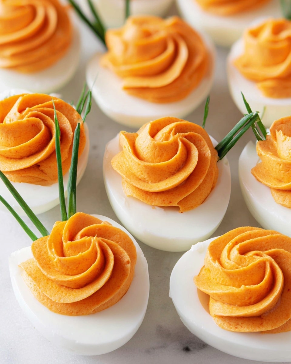 The image shows multiple deviled eggs arranged closely on a white marbled surface. Each deviled egg has a smooth, white egg white shell as the base layer, topped with a thick, creamy orange filling that is piped in a swirled rose shape, creating a textured and visually appealing layer. Green chive pieces are placed at the side of each deviled egg, acting like stems to the orange swirl flowers. The colors contrast well, with the bright orange filling standing out against the white eggs and the green chive blades adding a fresh accent. photo taken with an iphone --ar 4:5 --v 7