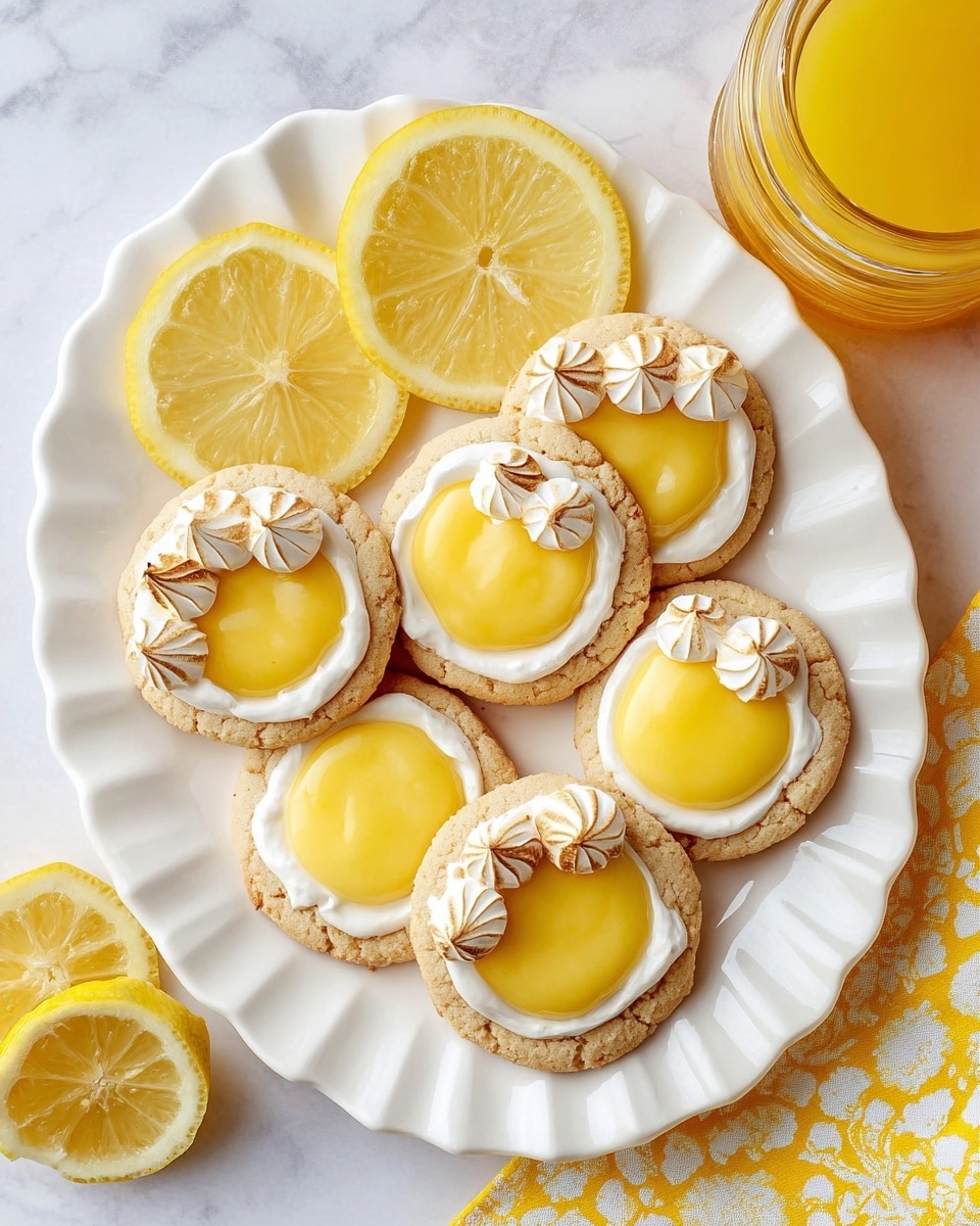 A white plate with a wavy rim holds seven round cookies arranged close together, each with three layers: a light beige crumbly base, a smooth, bright yellow lemon curd spread evenly on top, and small clusters of lightly browned, piped white meringue on one side of the curd. Two thick lemon slices rest near the top side of the plate, while a lemon wedge is placed on the left edge of the plate. The background beneath the plate is a white marbled texture with a yellow patterned cloth partially visible at the top right corner. A glass jar with yellow contents is also partly seen at the top right. photo taken with an iphone --ar 4:5 --v 7