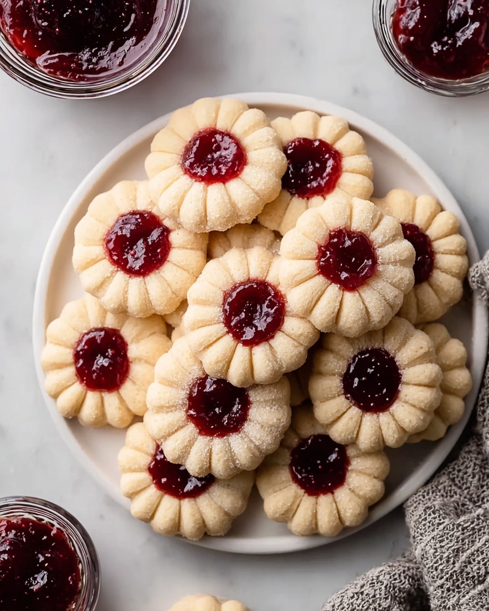 A white round plate filled with a single layer of flower-shaped cookies that have a pale beige color and soft, crumbly texture. Each cookie has a deep red, glossy jam center that looks thick and slightly sticky. The cookies are closely arranged, some overlapping. Around the plate, there are two small glass bowls with more of the same dark red jam. The whole scene is set on a white marbled surface with a textured gray cloth napkin partially visible. photo taken with an iphone --ar 4:5 --v 7
