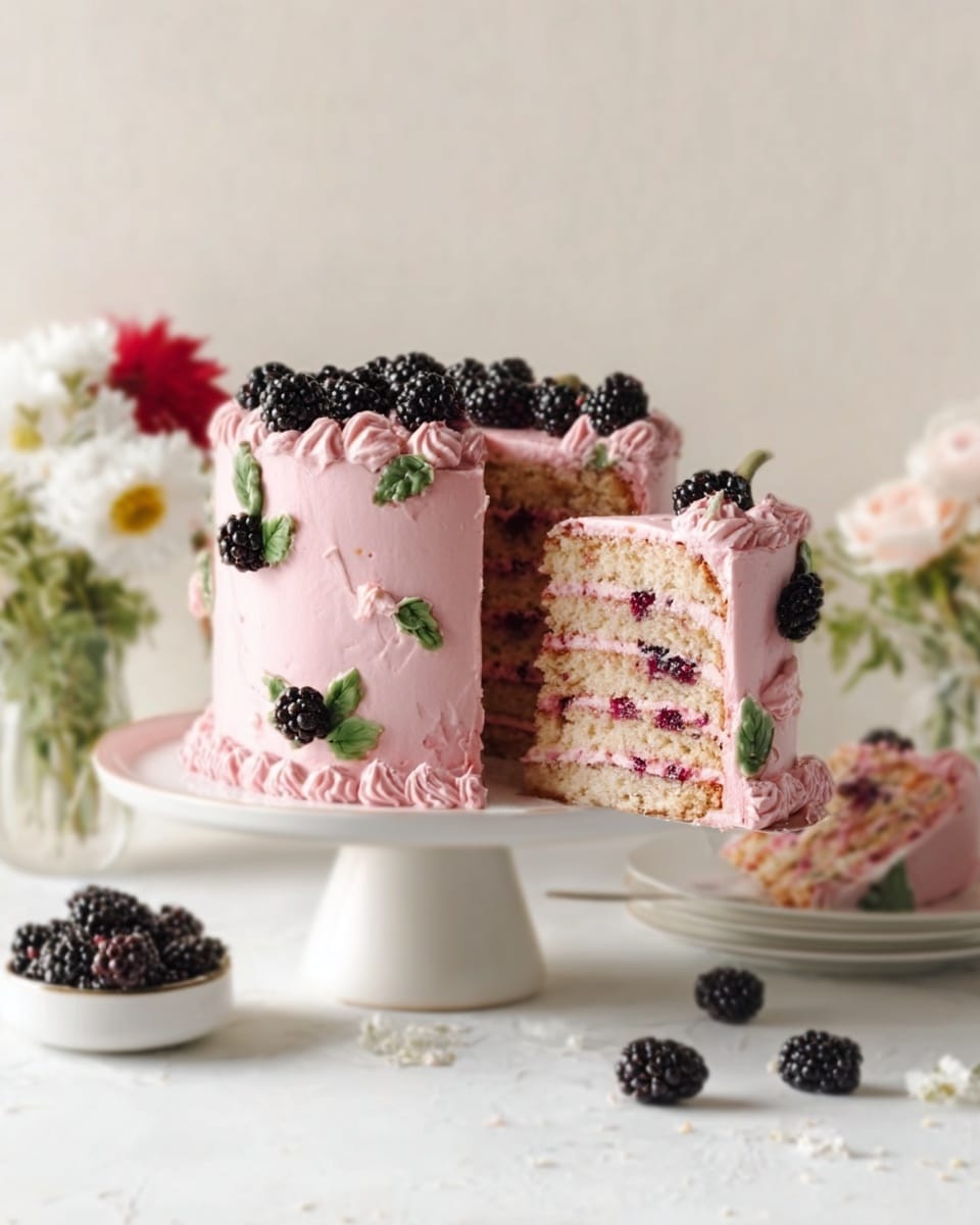 The image shows a tall layered cake with pink frosting, decorated with small blackberries and green leaves on the sides. The cake has several visible layers inside, alternating between light brown cake and cream filling. One slice is cut out, revealing the layers clearly, and the slice is placed behind the main cake. The cake sits on a simple white cake stand, positioned on a white marbled surface. In the background, there are white and red flowers in soft focus. Photo taken with an iphone --ar 4:5 --v 7