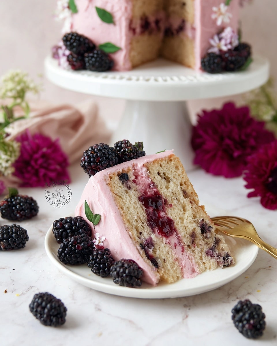 The image shows a slice of two-layer cake on a white plate. The cake layers are light brown with bits of blackberries baked inside. Between the layers and on top, there is thick pink frosting with a smooth texture. Some blackberry pieces and dark red jam are oozing slightly from the middle. The cake slice is surrounded by fresh blackberries on a white marbled surface. In the background, part of the whole cake is visible on a white cake stand, covered with the same pink frosting, decorated with whole blackberries and small green leaves. There are deep pink flowers and a gold fork near the plate. Photo taken with an iphone --ar 4:5 --v 7