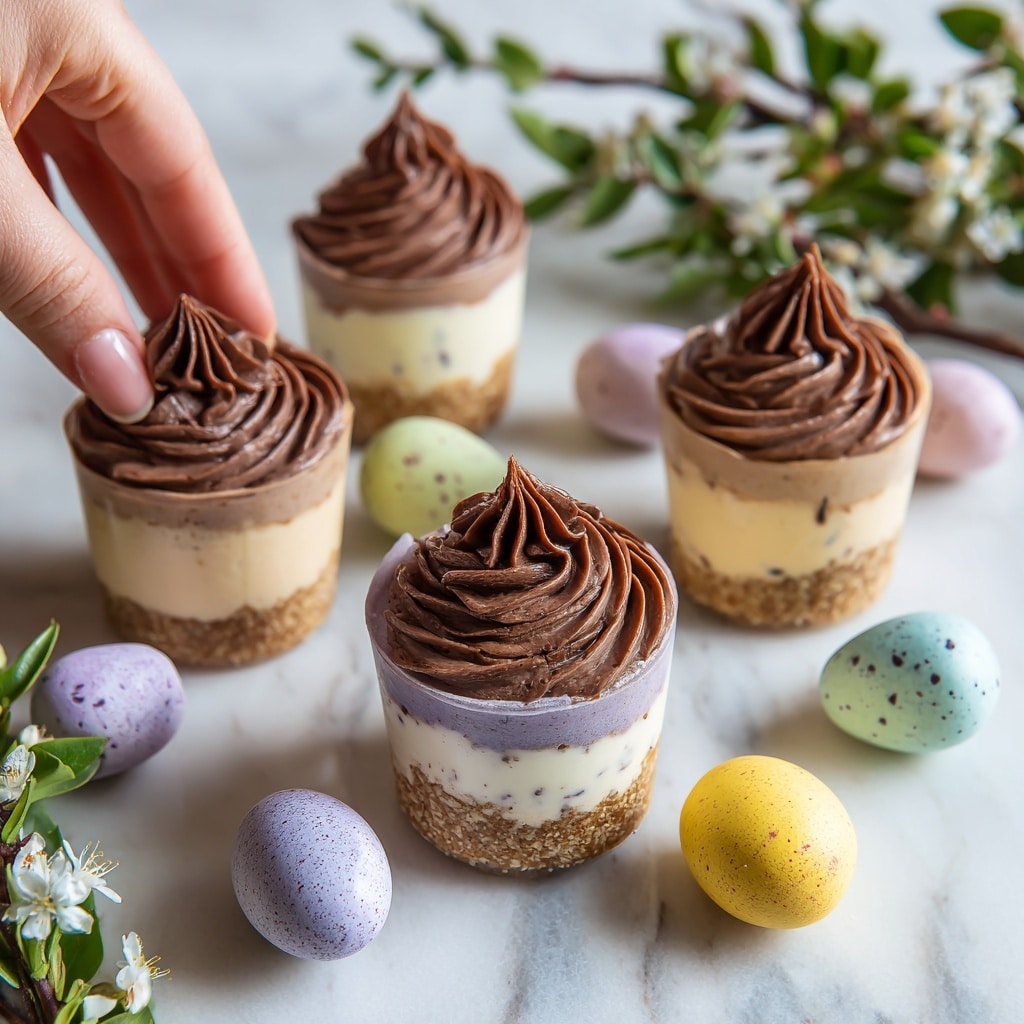 A small round cake with three layers sits on a white plate set on a white marbled surface. The bottom layer is a thick, crumbly, golden brown crust. The middle layer is creamy white with dark brown chocolate chunks spread inside. The top layer is smooth chocolate mousse with a soft texture and decorative ridges along the side. On top of the chocolate mousse are three pastel-colored, speckled candy eggs in yellow, pink, and light green. Around the plate are scattered small pastel pink and blue candy eggs and a gold spoon lies nearby. In the blurry background, there are green leaves and more pastel eggs. Photo taken with an iphone --ar 4:5 --v 7
