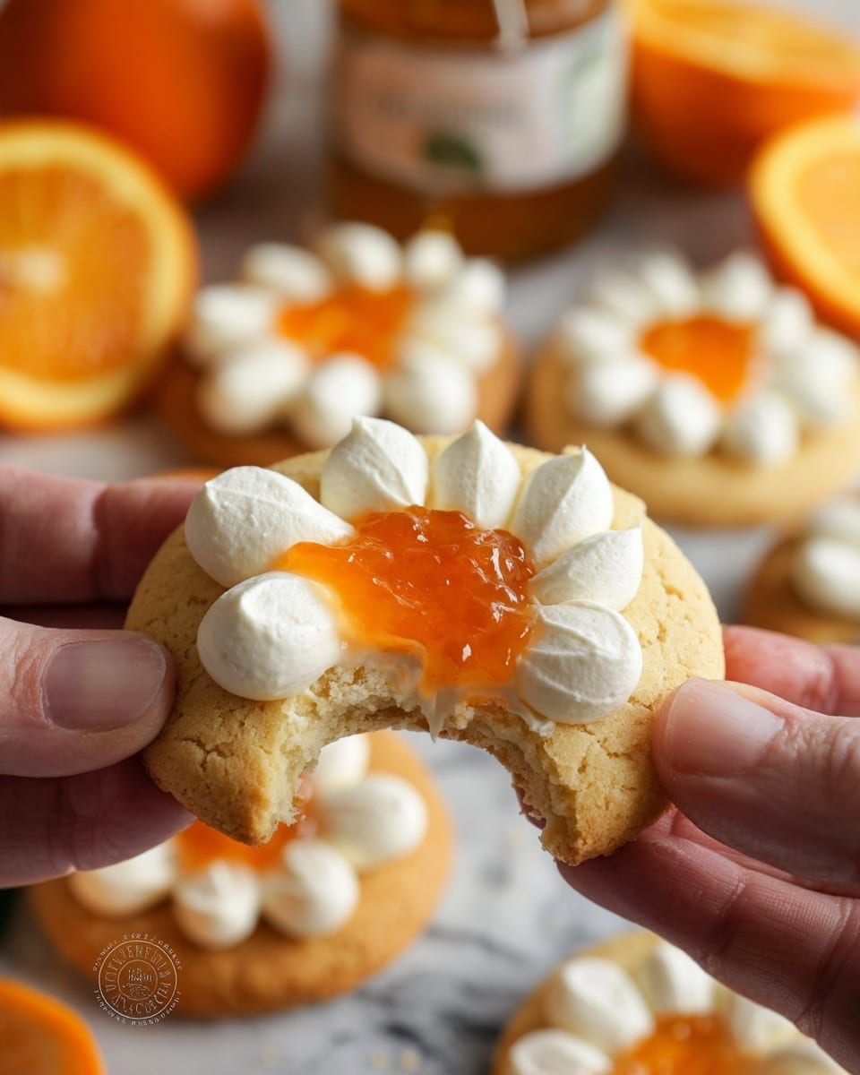 A close-up of a small round cookie broken in two, held by two woman's hands, showing three layers: the base is a light golden-brown cookie, on top are five large dollops of smooth white cream arranged like flower petals, and in the center a small amount of glossy orange marmalade. The cookie is in front of other similar cookies on a white marbled texture, with blurred orange slices and a jar of marmalade in the background. photo taken with an iphone --ar 4:5 --v 7