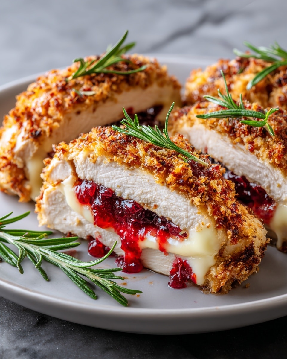 A white plate holds three pieces of stuffed chicken breast, each cut to show three layers: the crispy, golden brown outer coating, the thick white cooked chicken in the middle, and a colorful filling made of melted creamy cheese and bright red cranberry sauce with small green herb bits. Each piece is topped with small green rosemary sprigs, and a larger fresh rosemary sprig lies beside the chicken on the plate. The plate sits on a white marbled surface, with a clean and fresh look. photo taken with an iphone --ar 4:5 --v 7