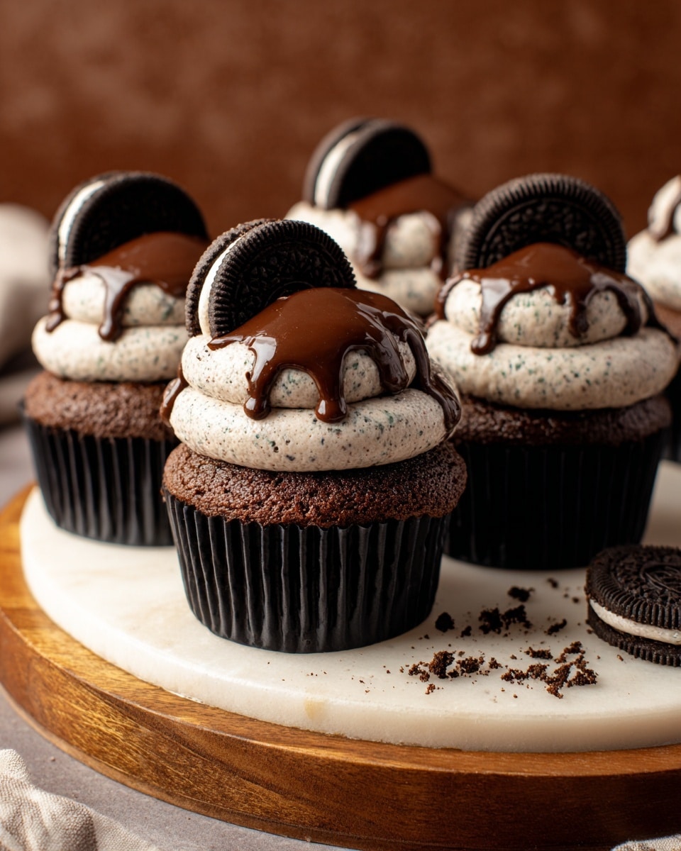 The image shows dark chocolate cupcakes with three visible layers: the base is a dark brown, moist cake wrapped in a black liner, topped with a thick swirl of light grayish cream with tiny dark specks, resembling cookies and cream frosting. The cream is partially covered by a shiny, smooth layer of dark chocolate sauce that drips slightly down the side. Each cupcake is garnished with a half Oreo cookie standing upright in the frosting. The cupcakes sit closely on a round wooden platter with some small dark crumbs scattered around. The background is a warm brown with a white marbled texture surface underneath the platter. photo taken with an iphone --ar 4:5 --v 7