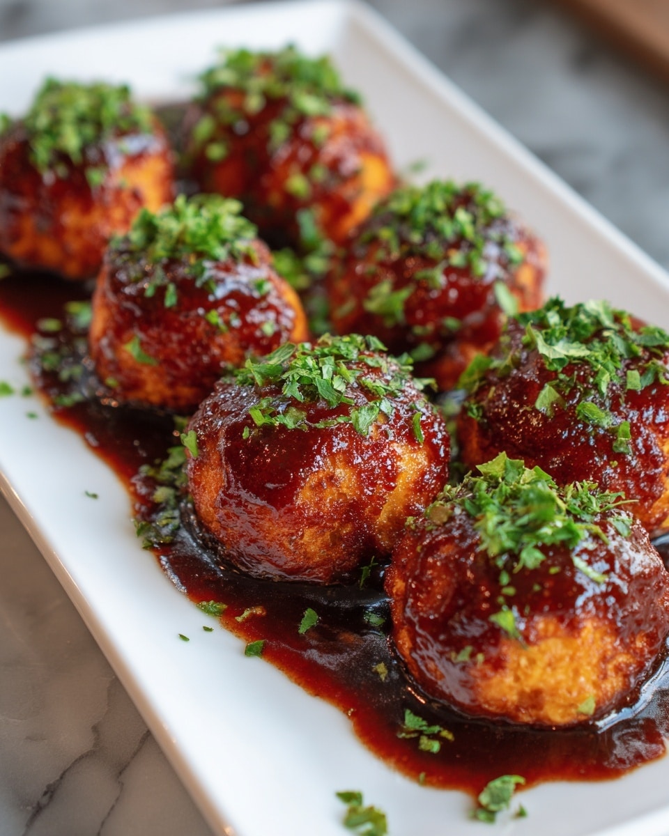 The image shows a white rectangular plate with two rows of fried balls, each coated in a thick dark reddish-brown sauce. Each ball has a crispy golden outer layer partly covered by the shiny sauce, which pools slightly underneath. All the balls are topped with small, bright green chopped herbs, with some scattered on the plate, creating a fresh contrast against the rich sauce and the white plate. The plate is set on a white marbled surface, visible at the edges. photo taken with an iphone --ar 4:5 --v 7